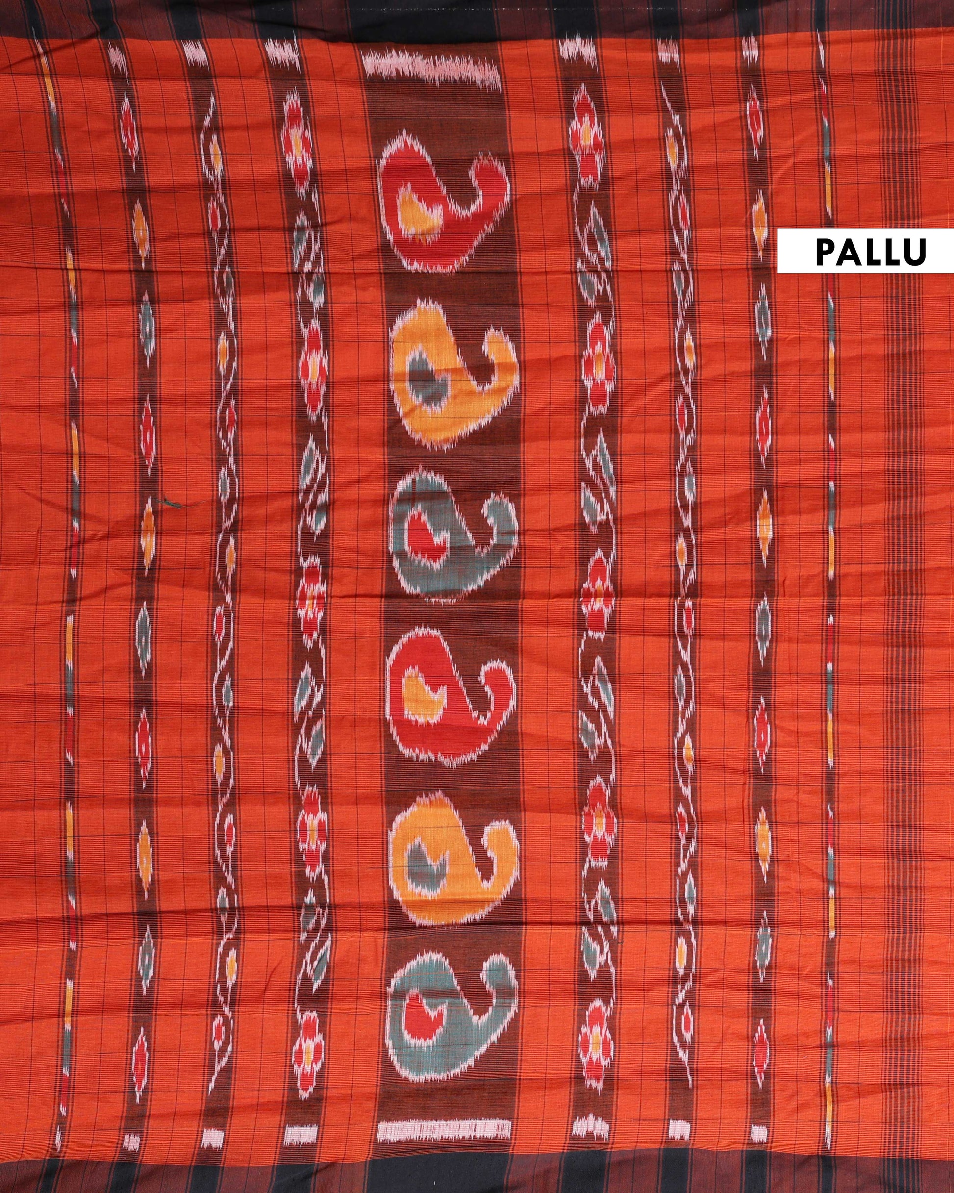 Handloom Ikat Cotton Saree with Geometric Patterned Pallu and Contrasting Border - Dark Orange-Pallu