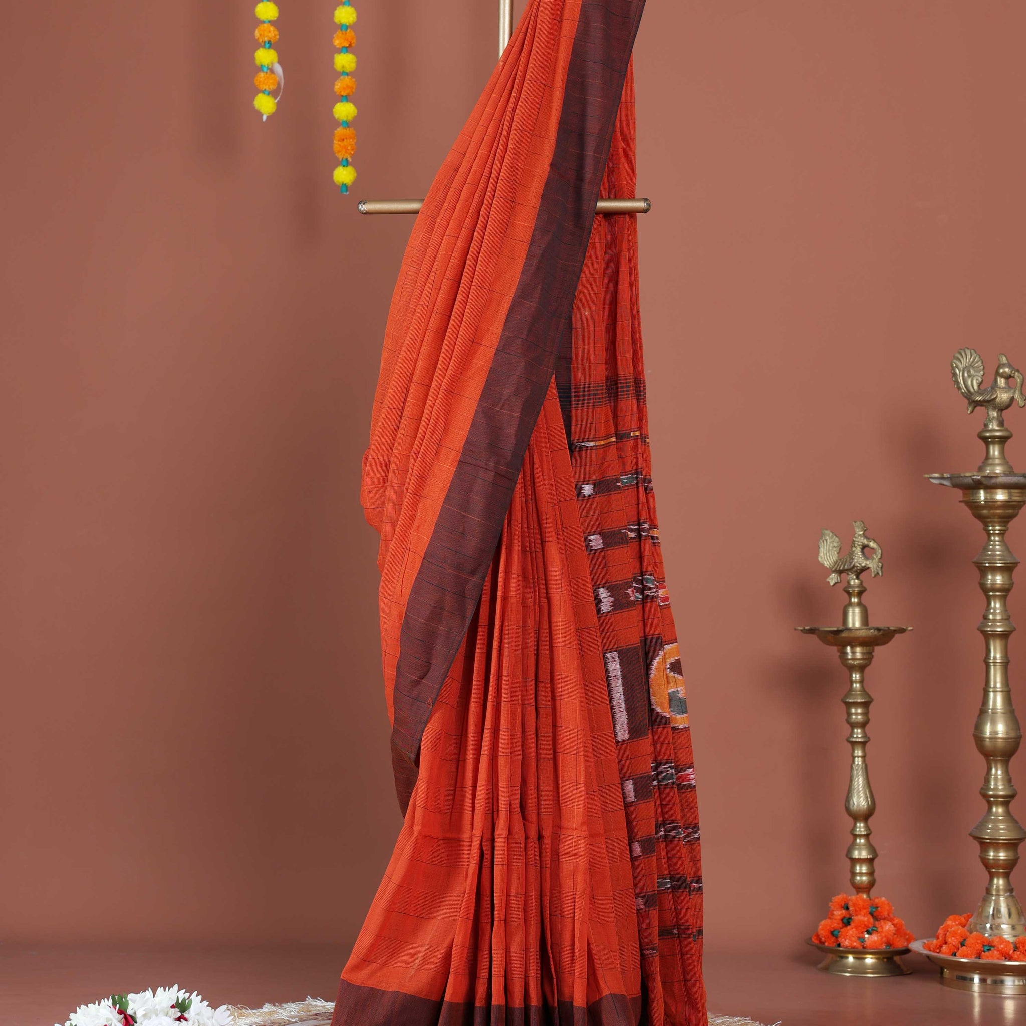 Handloom Ikat Cotton Saree with Geometric Patterned Pallu and Contrasting Border - Dark Orange
