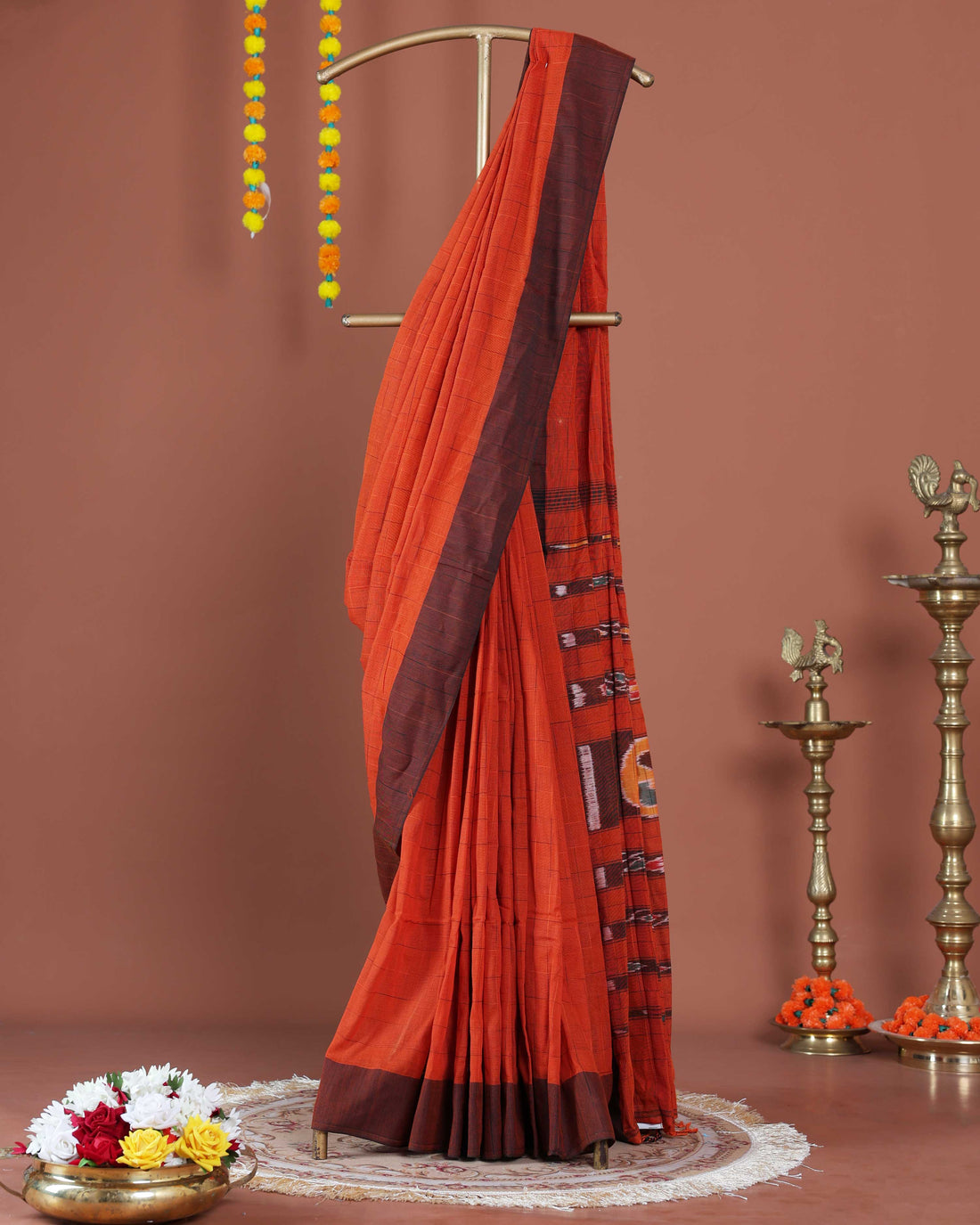 Handloom Ikat Cotton Saree with Geometric Patterned Pallu and Contrasting Border - Dark Orange