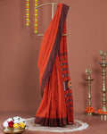 Handloom Ikat Cotton Saree with Geometric Patterned Pallu and Contrasting Border - Dark Orange