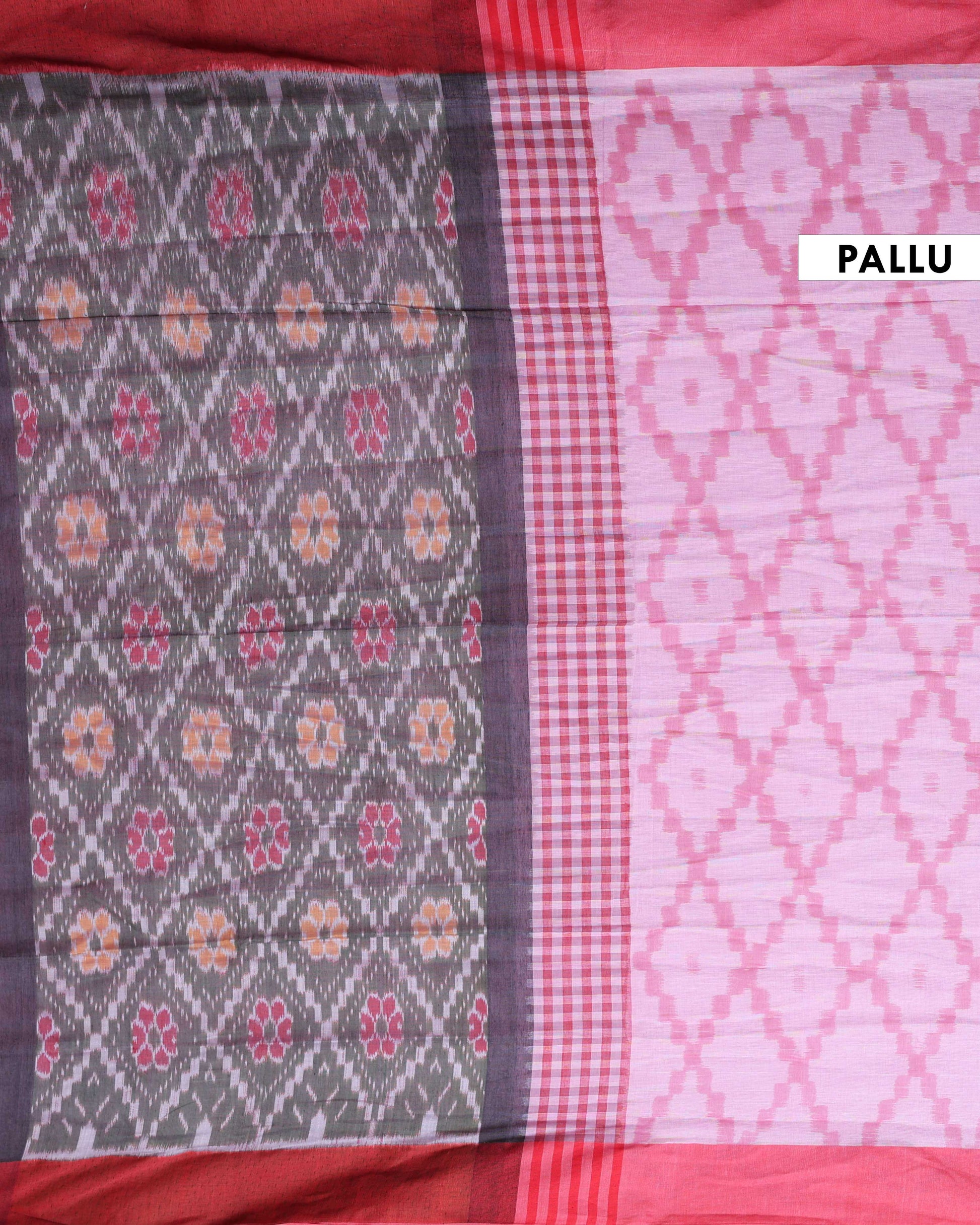 Handloom Ikkat Cotton Saree with Checkered Weave and Intricate Pallu - Pink-Pallu