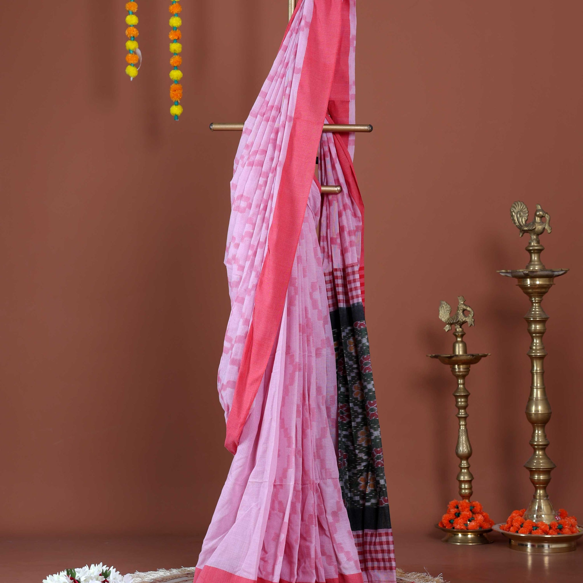 Handloom Ikkat Cotton Saree with Checkered Weave and Intricate Pallu - Pink