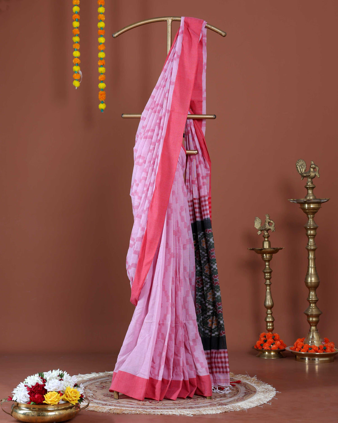 Handloom Ikkat Cotton Saree with Checkered Weave and Intricate Pallu - Pink