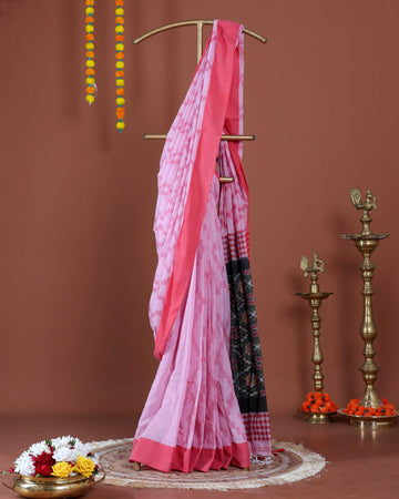 Handloom Ikkat Cotton Saree with Checkered Weave and Intricate Pallu - Pink