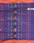  Handloom Ikkat Cotton Saree with Contrast Border and Striped Pallu - Blue-Pallu