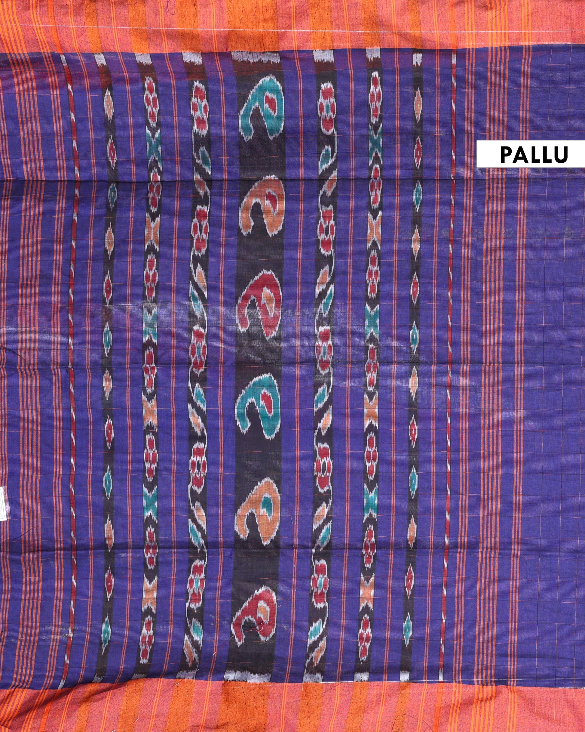  Handloom Ikkat Cotton Saree with Contrast Border and Striped Pallu - Blue-Pallu