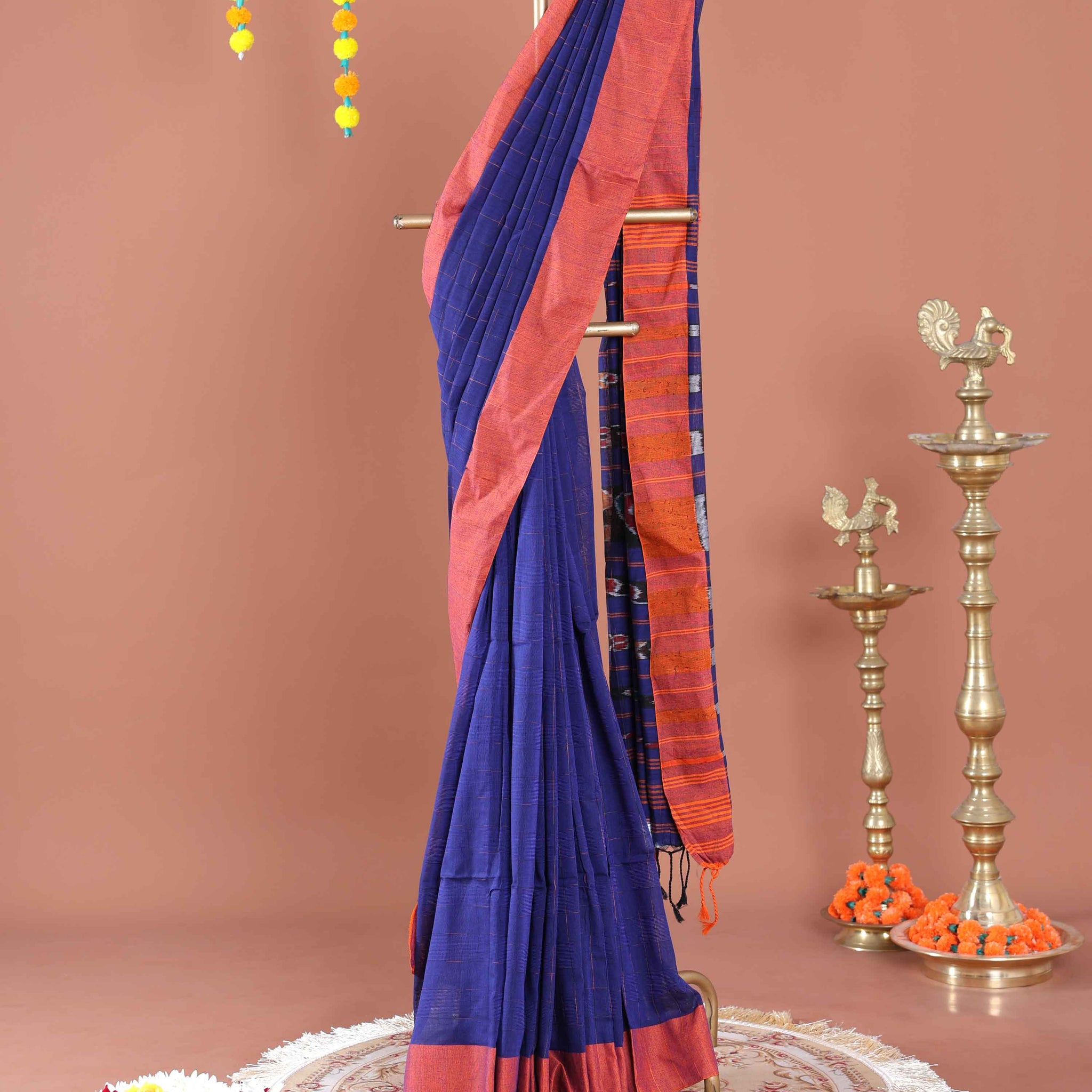 
Handloom Ikkat Cotton Saree with Contrast Border and Striped Pallu - Blue

