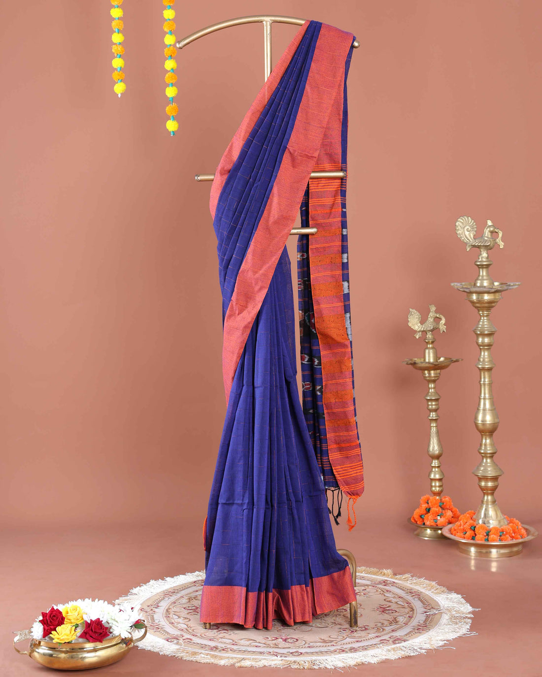 
Handloom Ikkat Cotton Saree with Contrast Border and Striped Pallu - Blue
