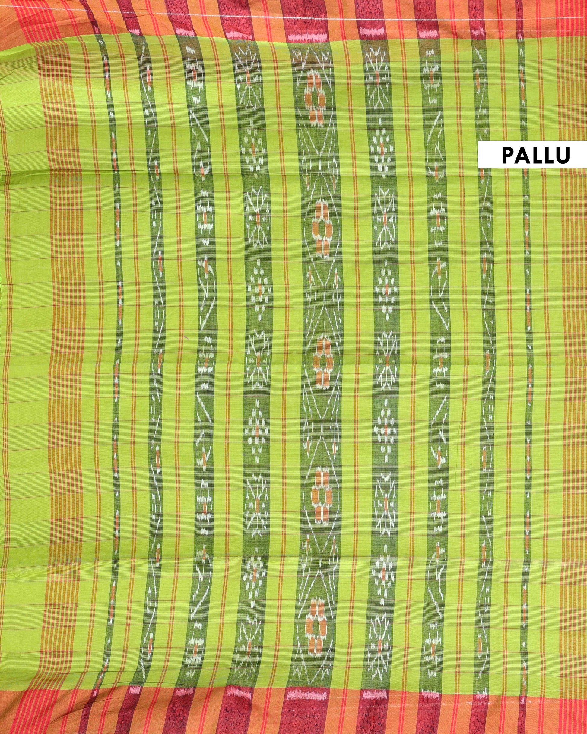 Handloom Ikkat Cotton Saree with Contrast Border and Striped Pallu - Green-Pallu