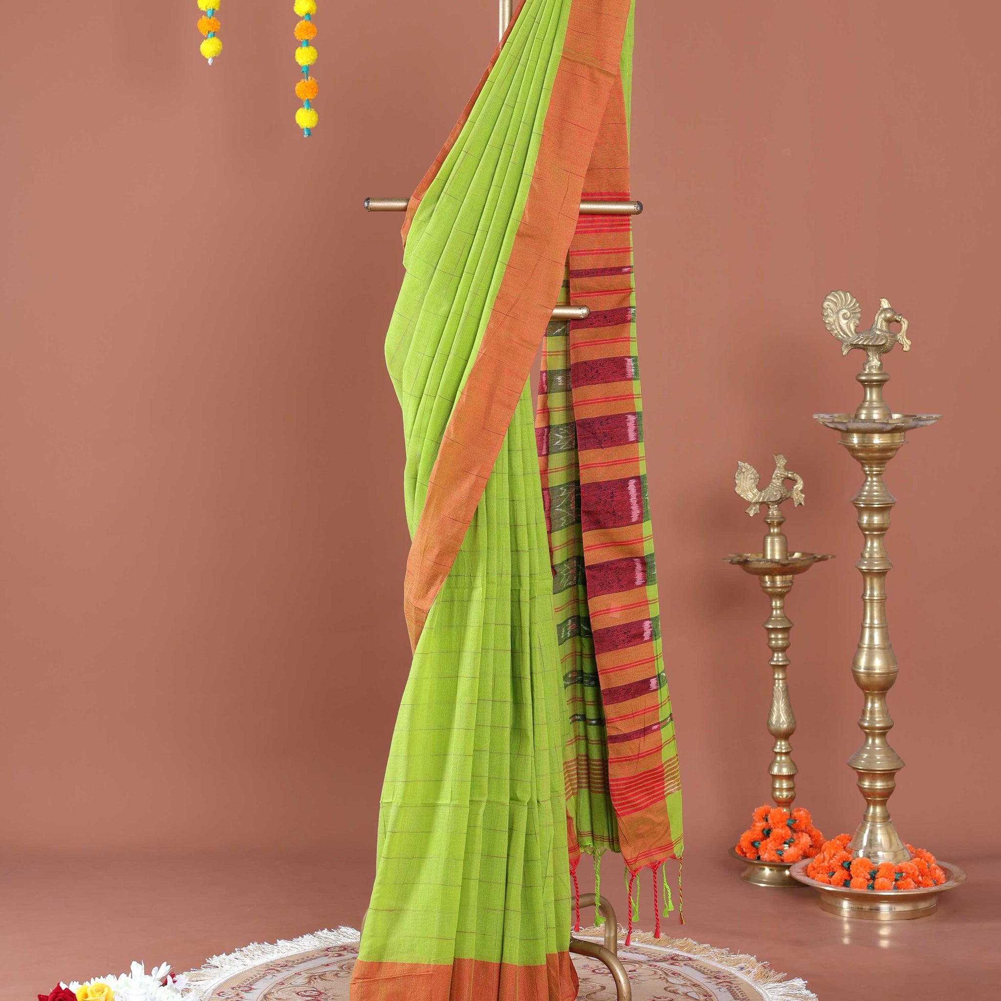 Handloom Ikkat Cotton Saree with Contrast Border and Striped Pallu - Green