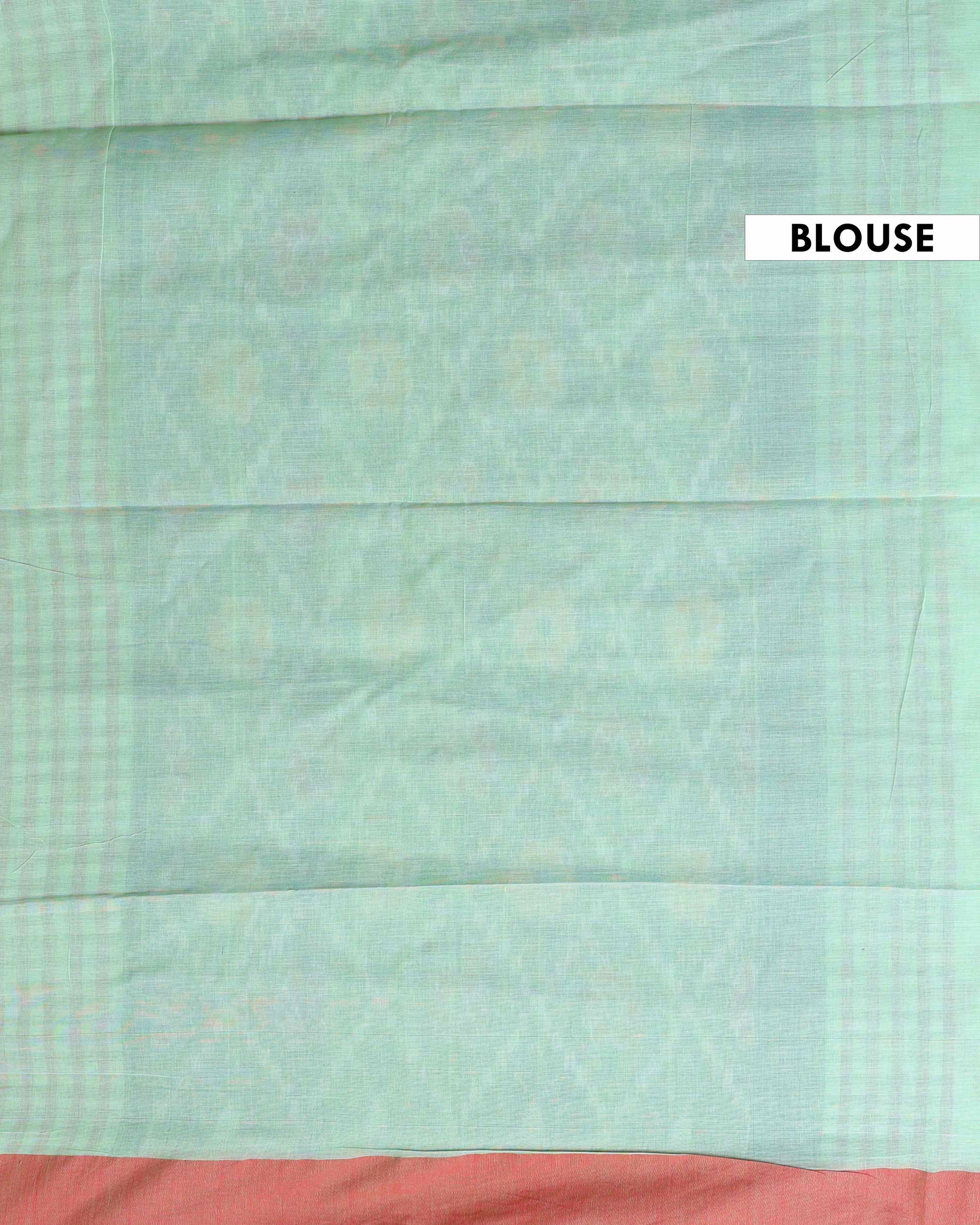 Handloom Ikkat Cotton Saree with Geometric Weave and Contrast Border -Green-Blouse