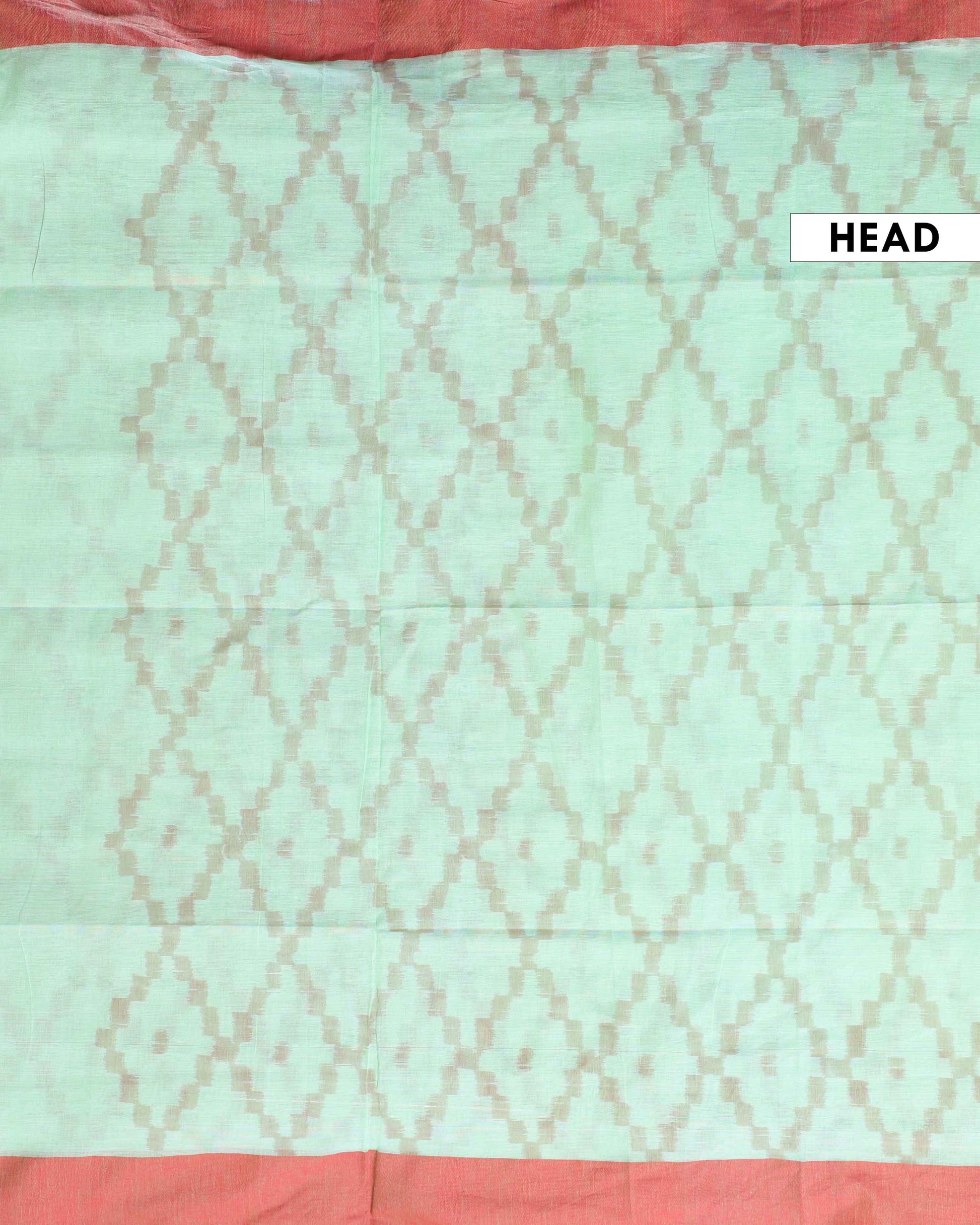 Handloom Ikkat Cotton Saree with Geometric Weave and Contrast Border -Green-Head