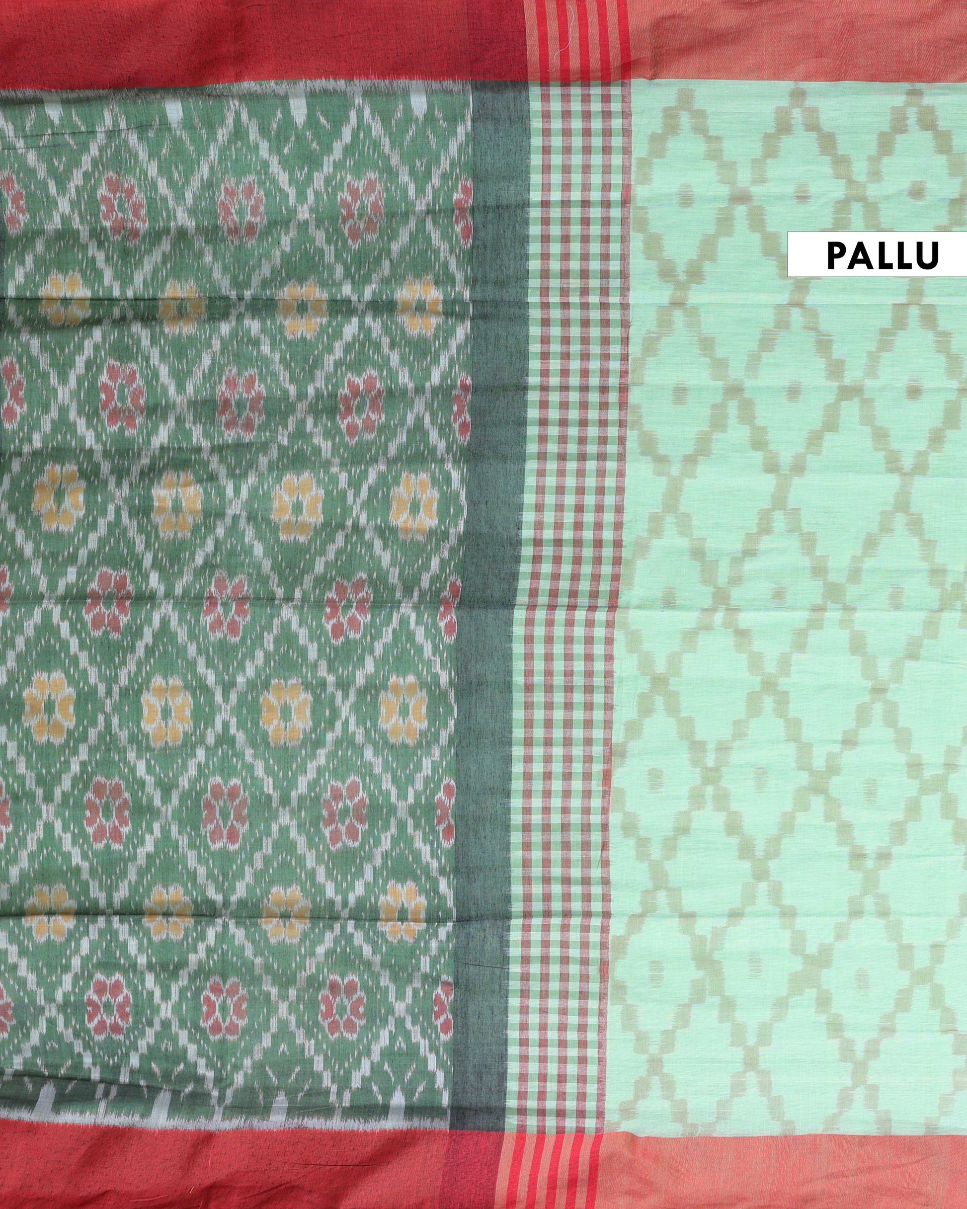 Handloom Ikkat Cotton Saree with Geometric Weave and Contrast Border -Green-Pallu