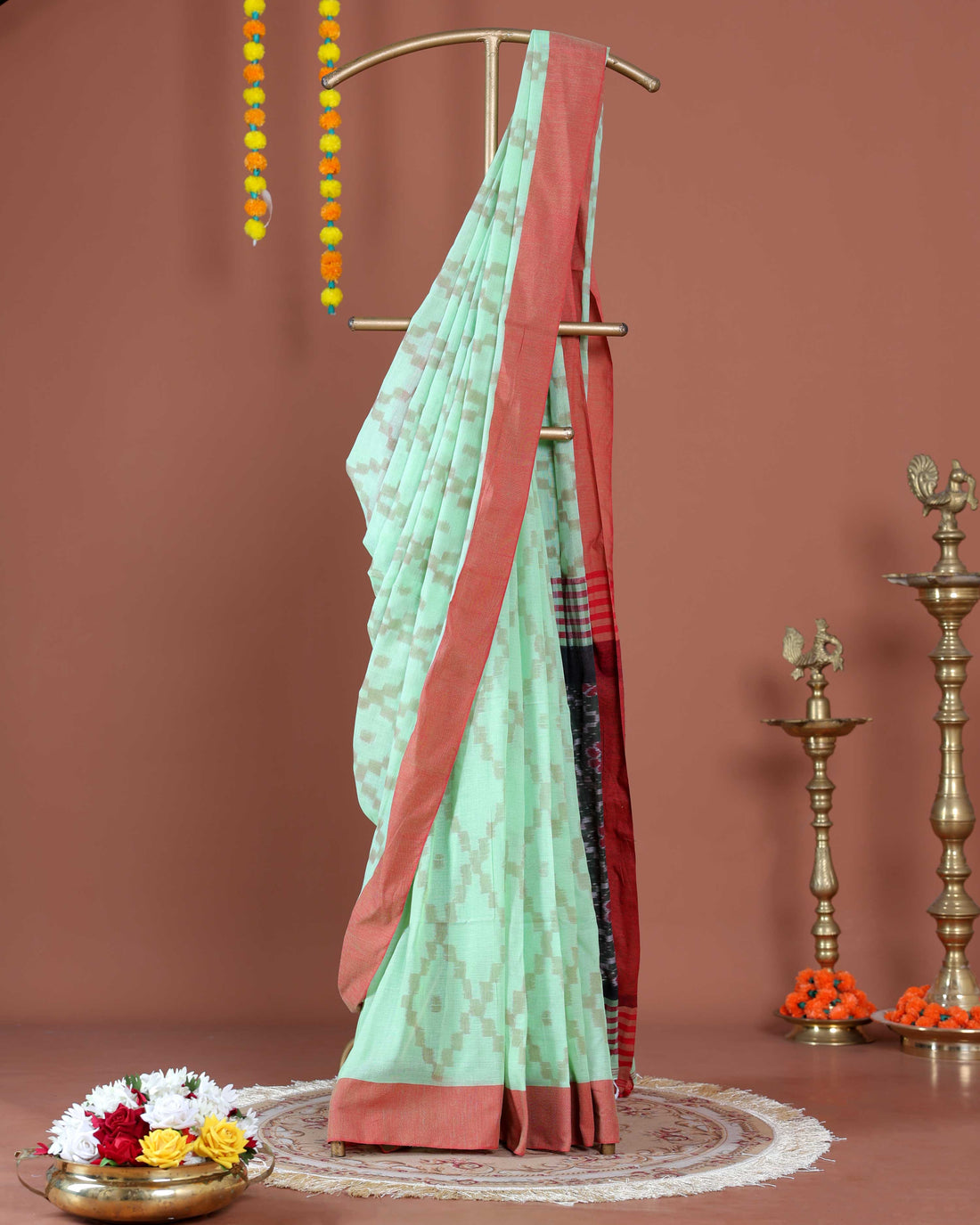 Handloom Ikkat Cotton Saree with Geometric Weave and Contrast Border -Green