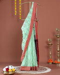 Handloom Ikkat Cotton Saree with Geometric Weave and Contrast Border -Green
