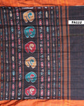 Handloom Ikkat Cotton Saree with Geometric Weave and Contrast Border - Black-Pallu