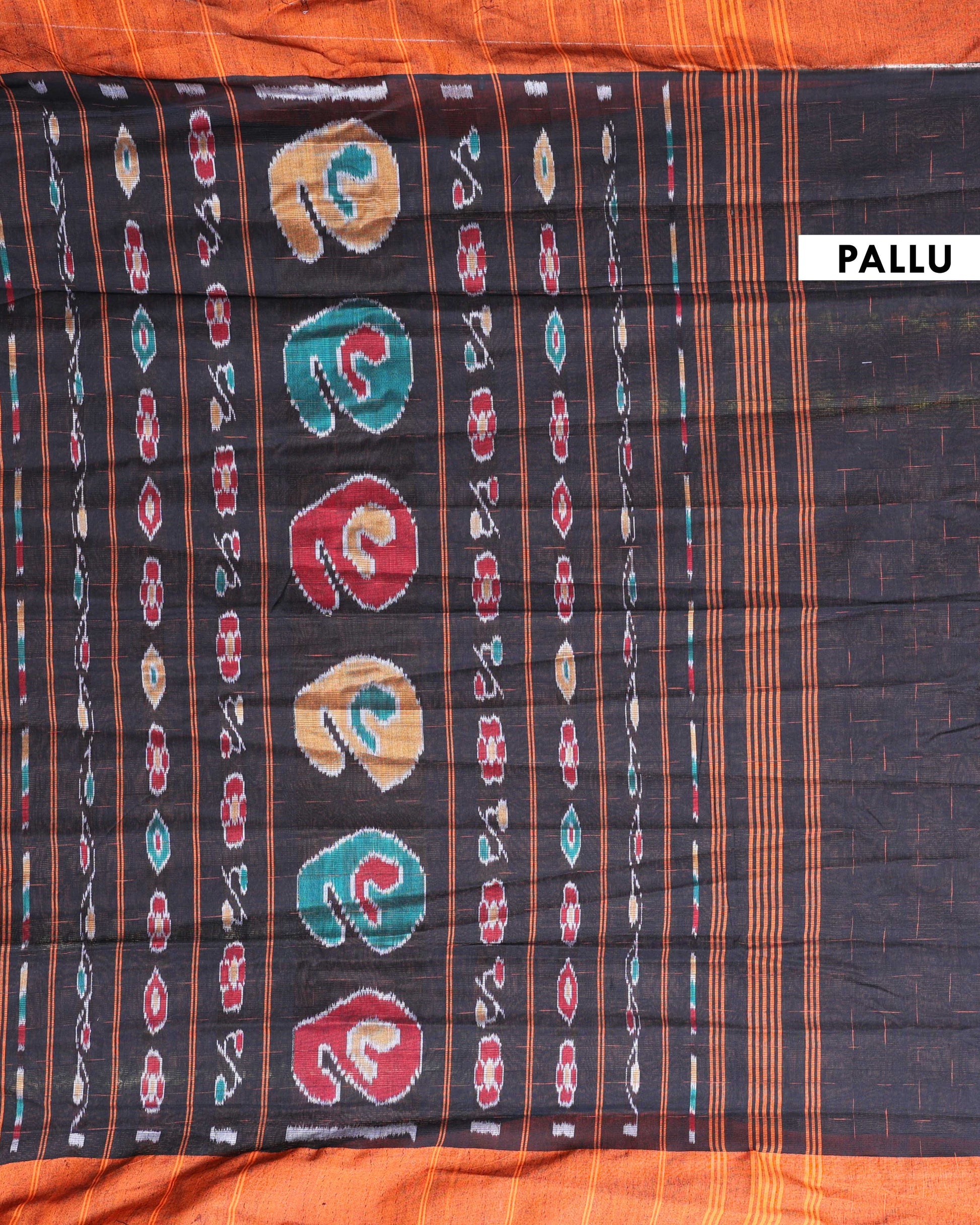Handloom Ikkat Cotton Saree with Geometric Weave and Contrast Border - Black-Pallu