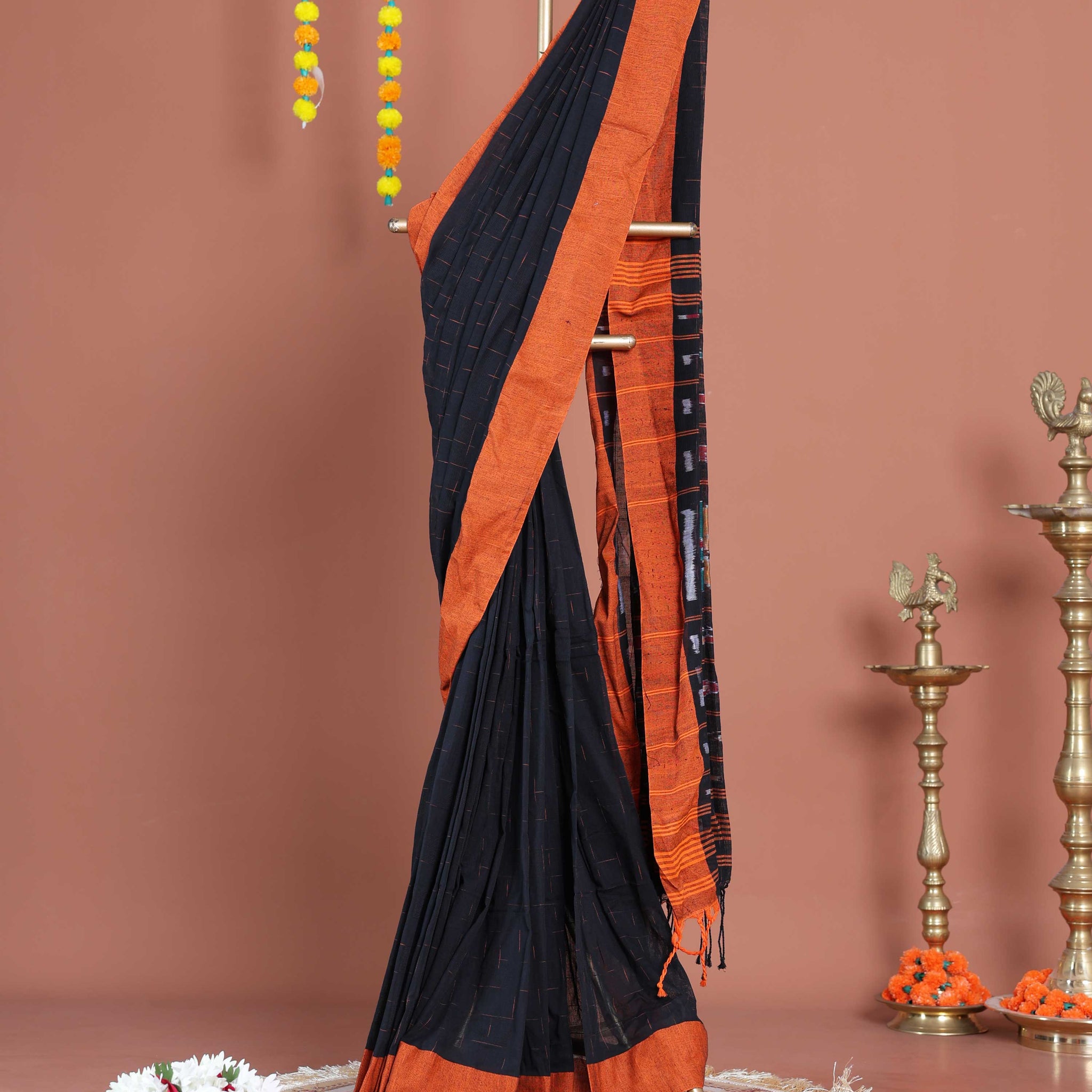 Handloom Ikkat Cotton Saree with Geometric Weave and Contrast Border - Black
