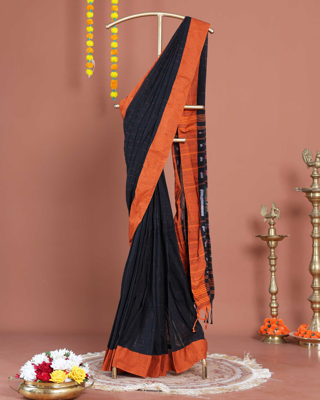 Handloom Ikkat Cotton Saree with Geometric Weave and Contrast Border - Black
