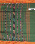 Handloom Ikkat Cotton Saree with Striped Pallu and Tassels - Green-Pallu