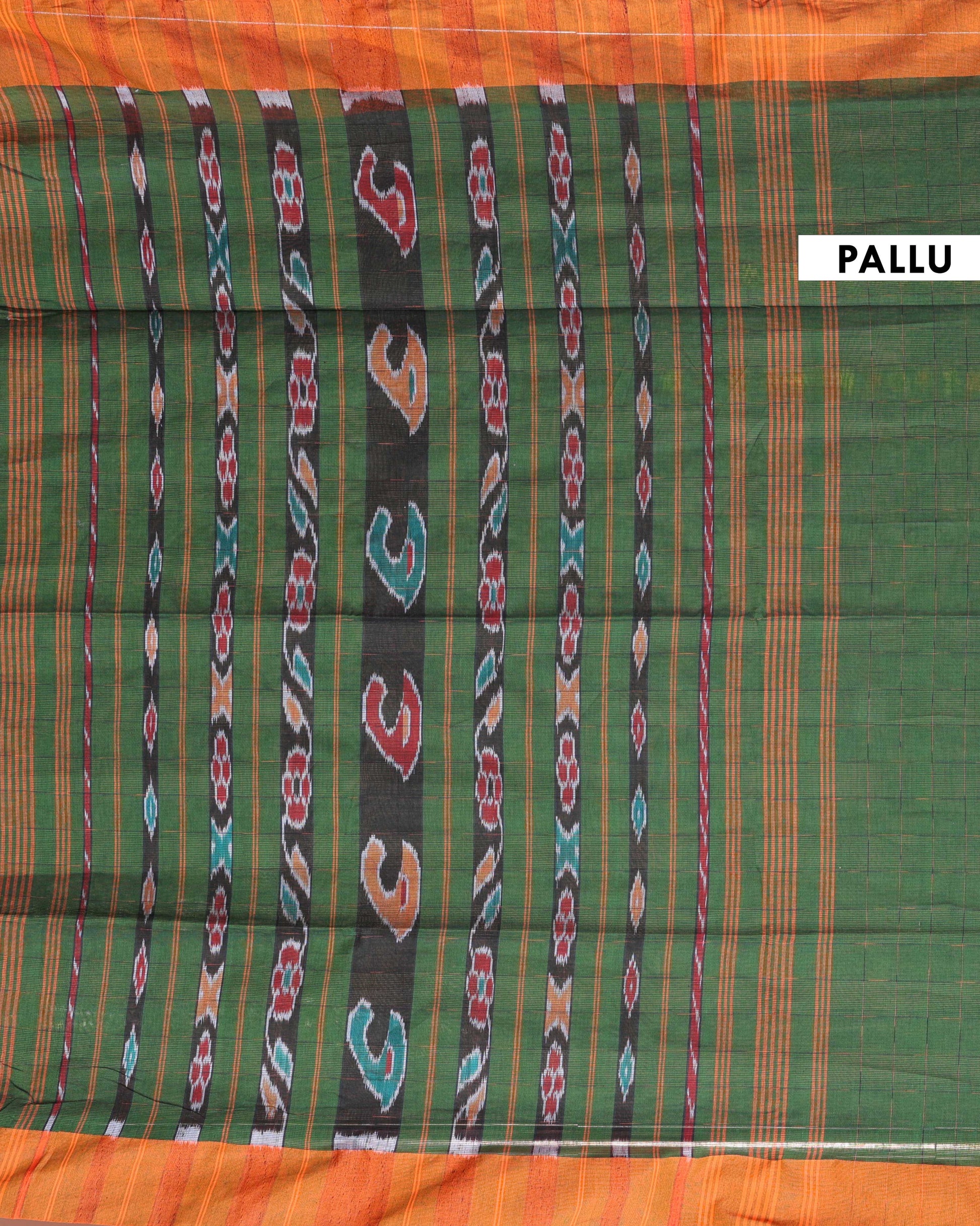 Handloom Ikkat Cotton Saree with Striped Pallu and Tassels - Green-Pallu