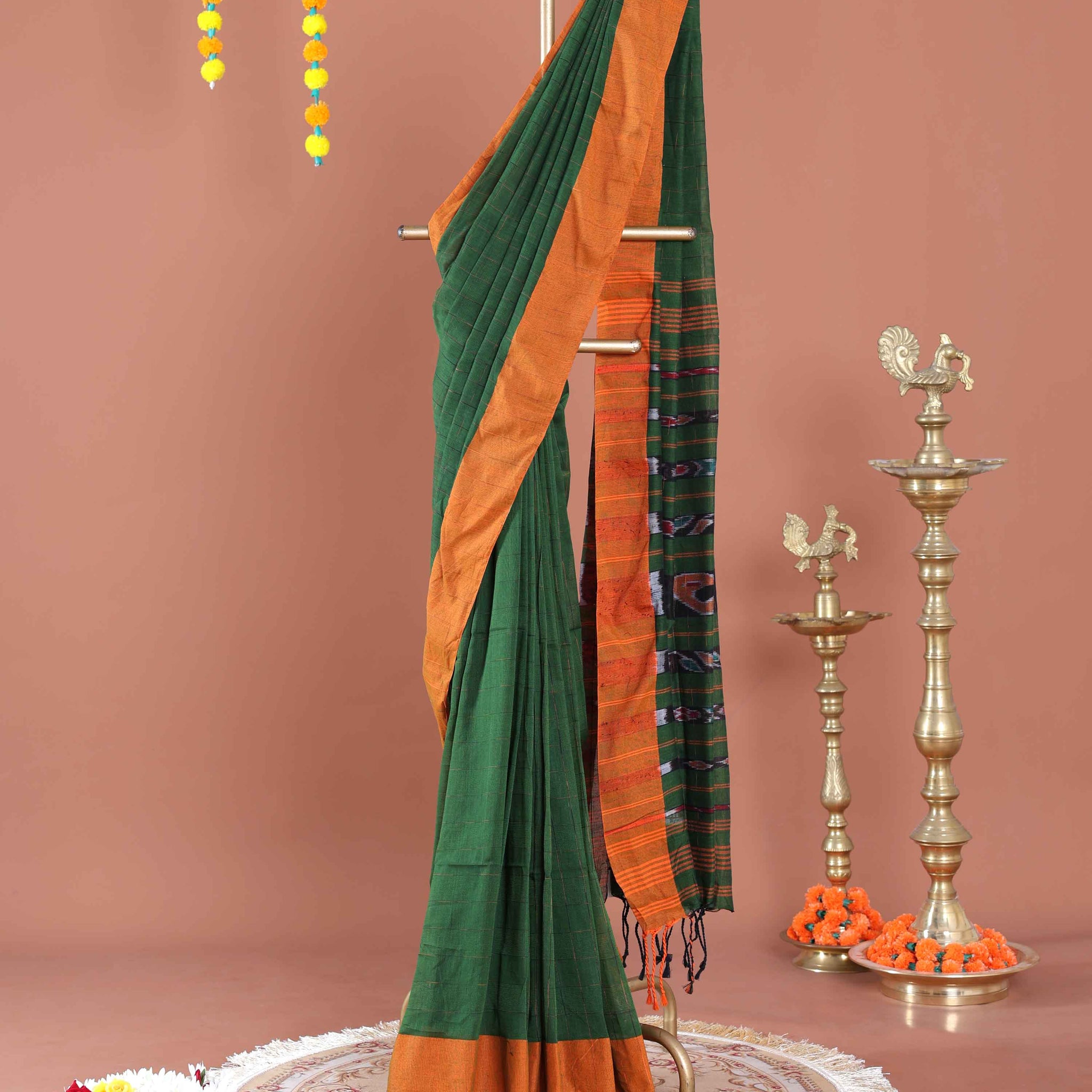 Handloom Ikkat Cotton Saree with Striped Pallu and Tassels - Green