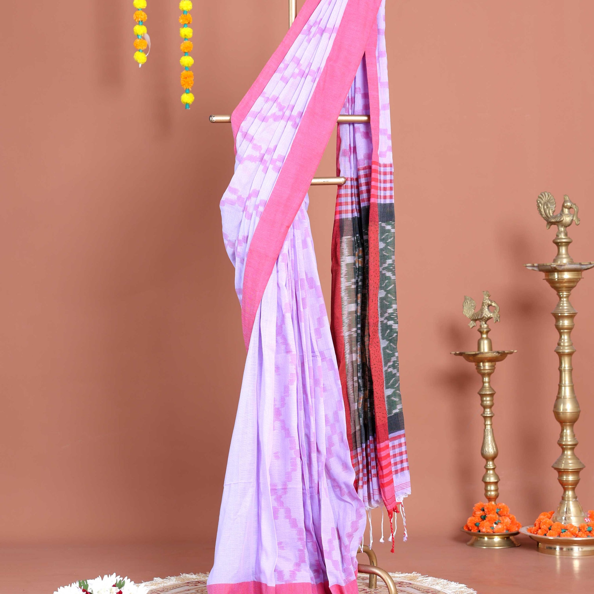 Handloom Ikkat Cotton Saree with Woven Border and Contrast Pallu - Lavender