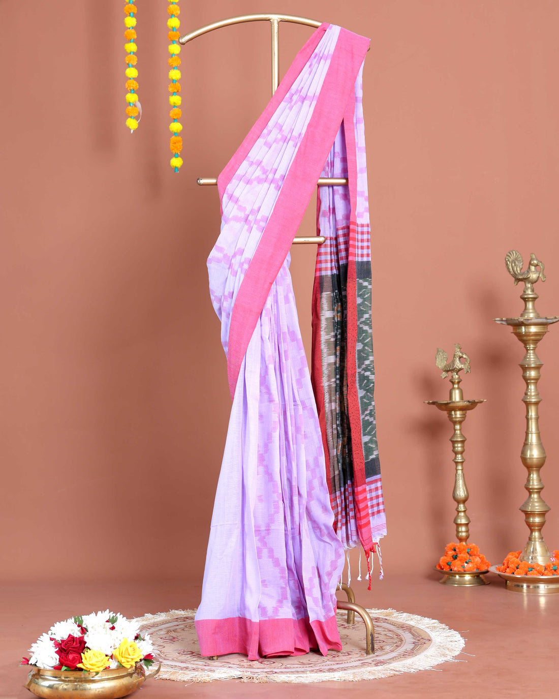 Handloom Ikkat Cotton Saree with Woven Border and Contrast Pallu - Lavender