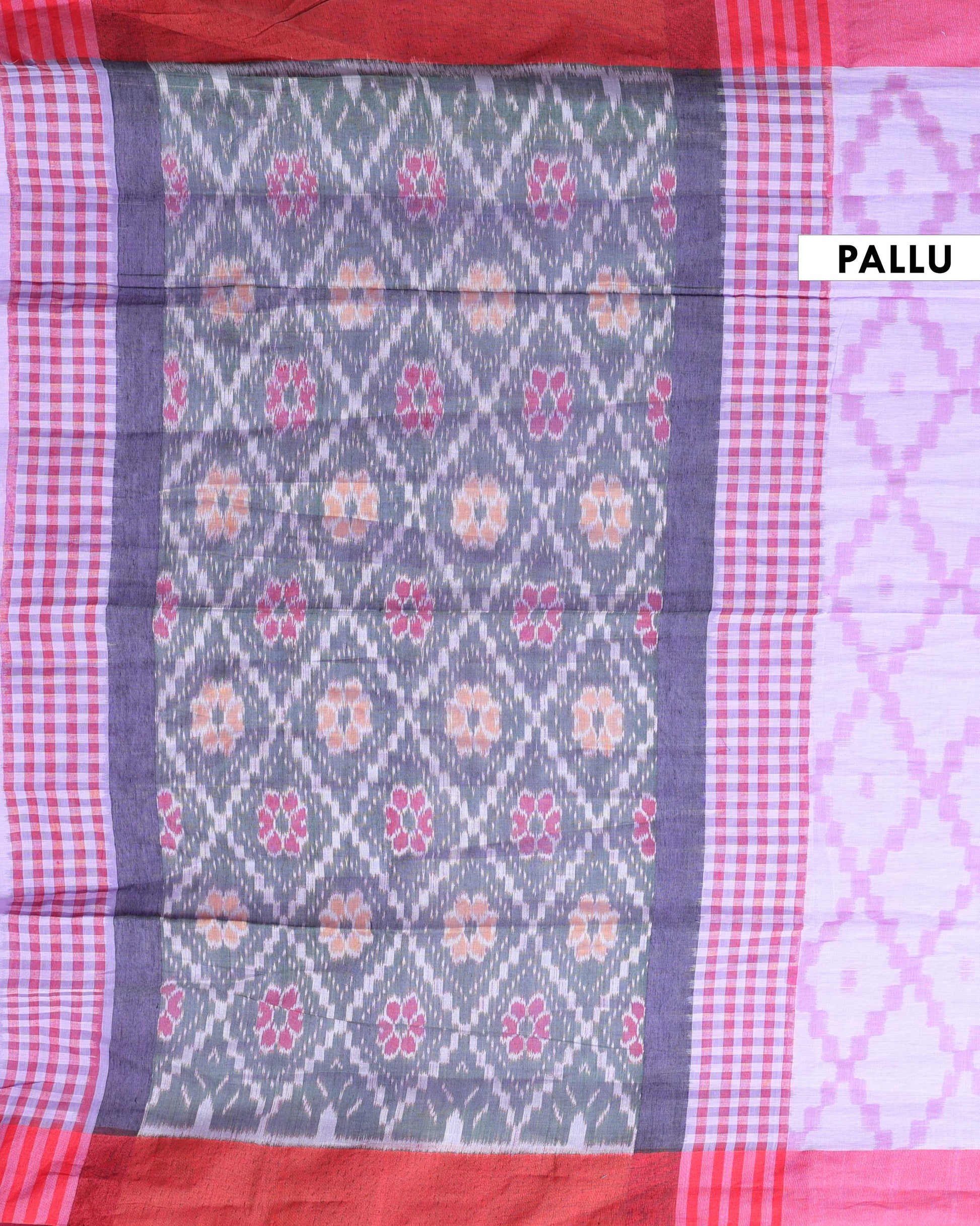 Handloom Ikkat Cotton Saree with Woven Border and Contrast Pallu - Pallu