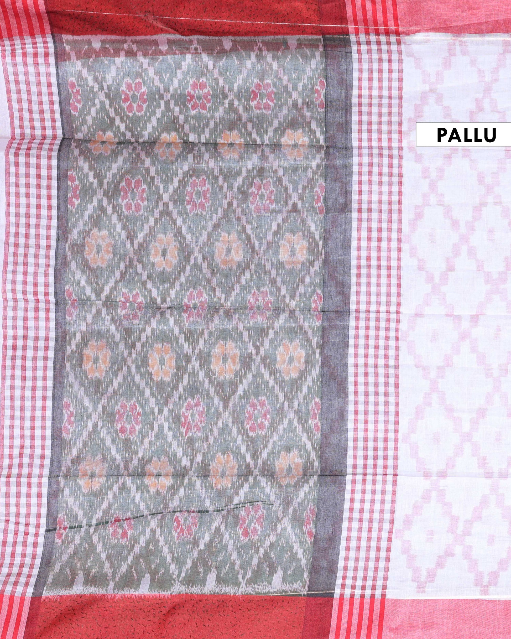 Handloom Ikkat Cotton Saree with Woven Border and Tasseled Pallu - White-PALLU