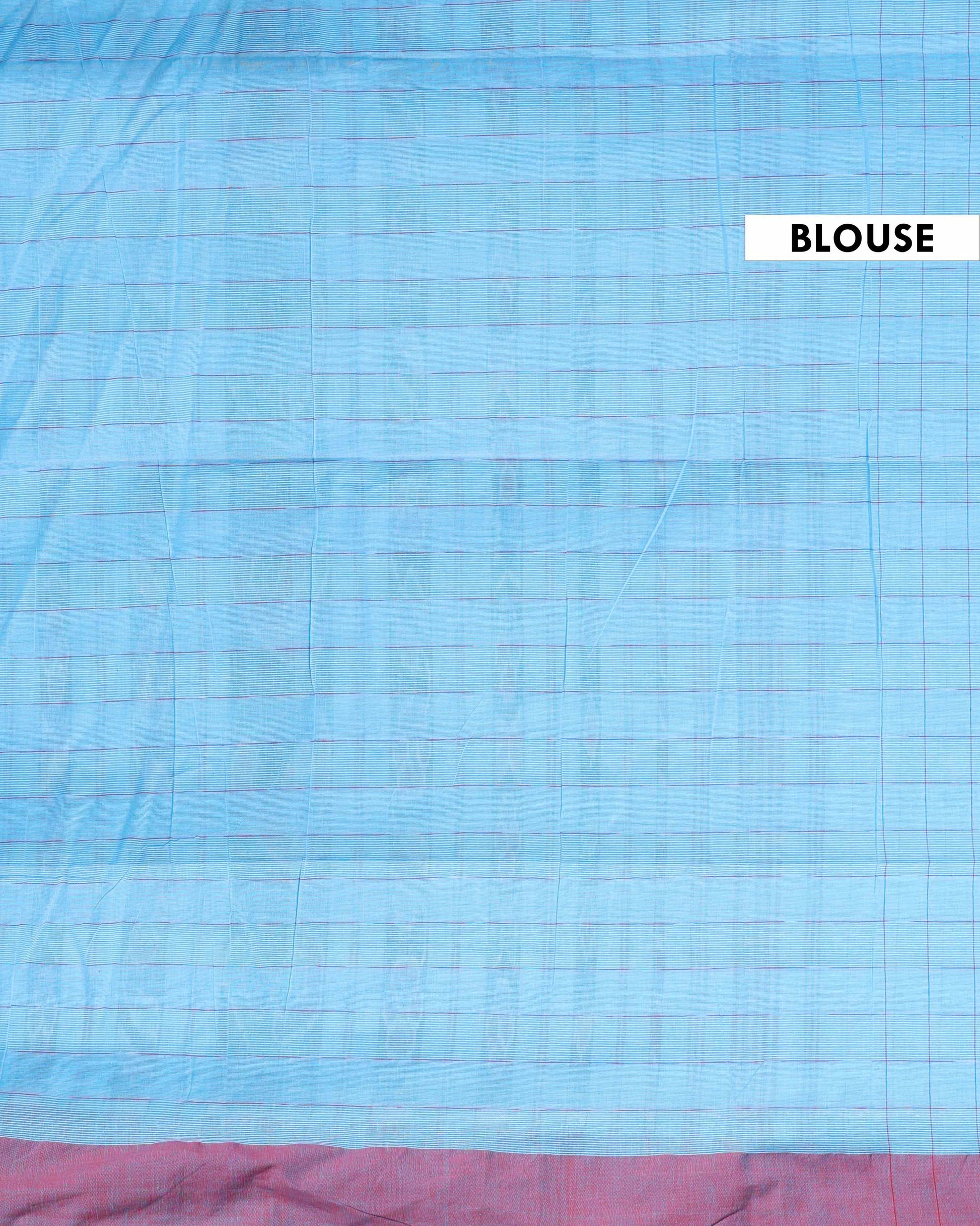 Handloom Ikkat Cotton Saree with Woven Checks and Striped Pallu - Blue-Blouse