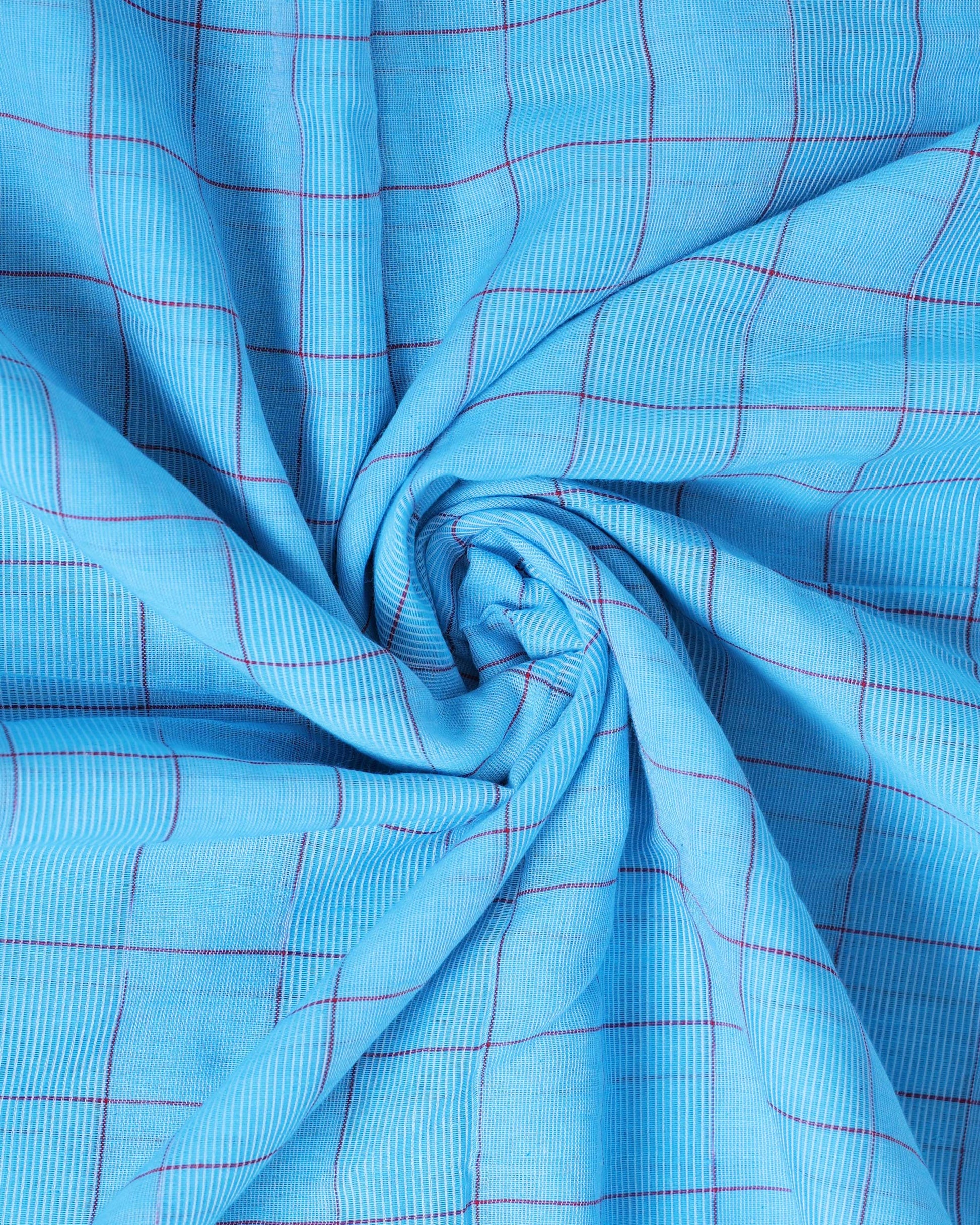 Handloom Ikkat Cotton Saree with Woven Checks and Striped Pallu - Blue-Close