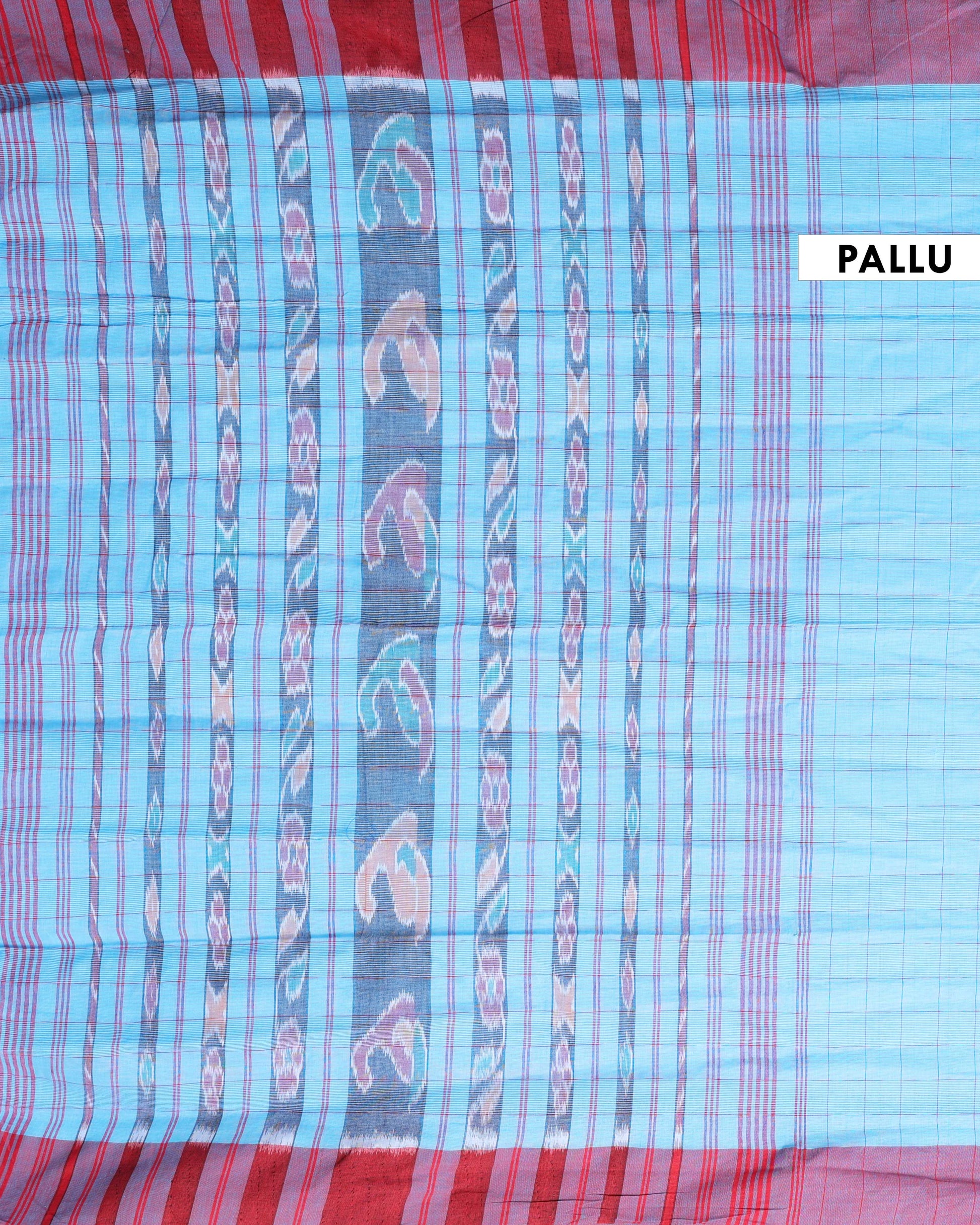 Handloom Ikkat Cotton Saree with Woven Checks and Striped Pallu - Blue-Pallu