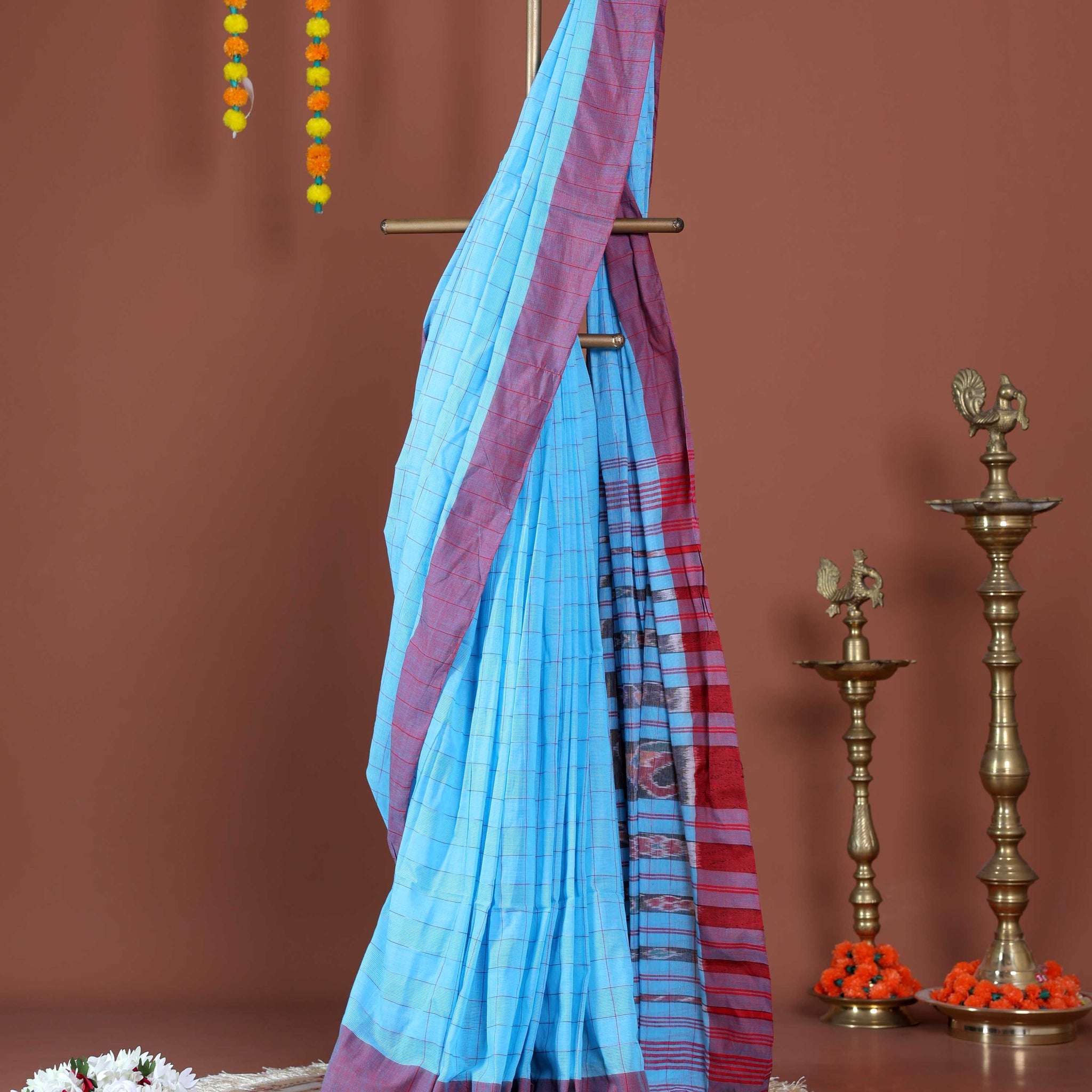 Handloom Ikkat Cotton Saree with Woven Checks and Striped Pallu - Blue