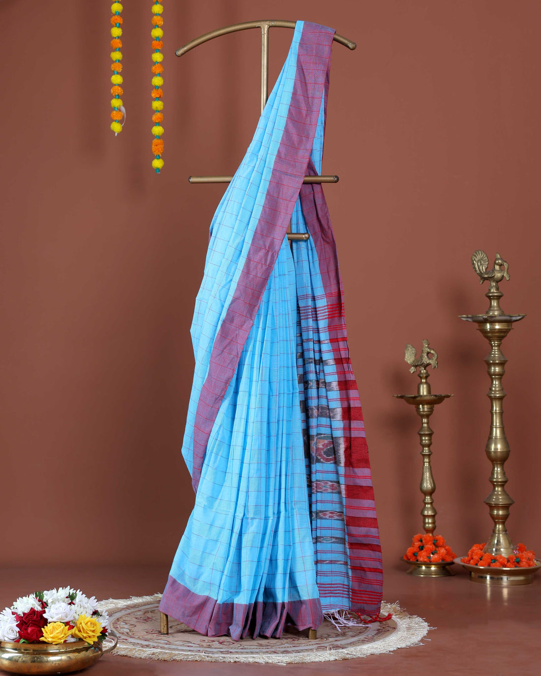 Handloom Ikkat Cotton Saree with Woven Checks and Striped Pallu - Blue