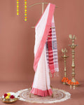 Handloom Ikkat Cotton Saree with Woven Striped Border - Off White