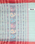 Handloom Ikkat Cotton Saree with Woven Striped Pattern and Contrast Pallu - Pista Green-PALLU