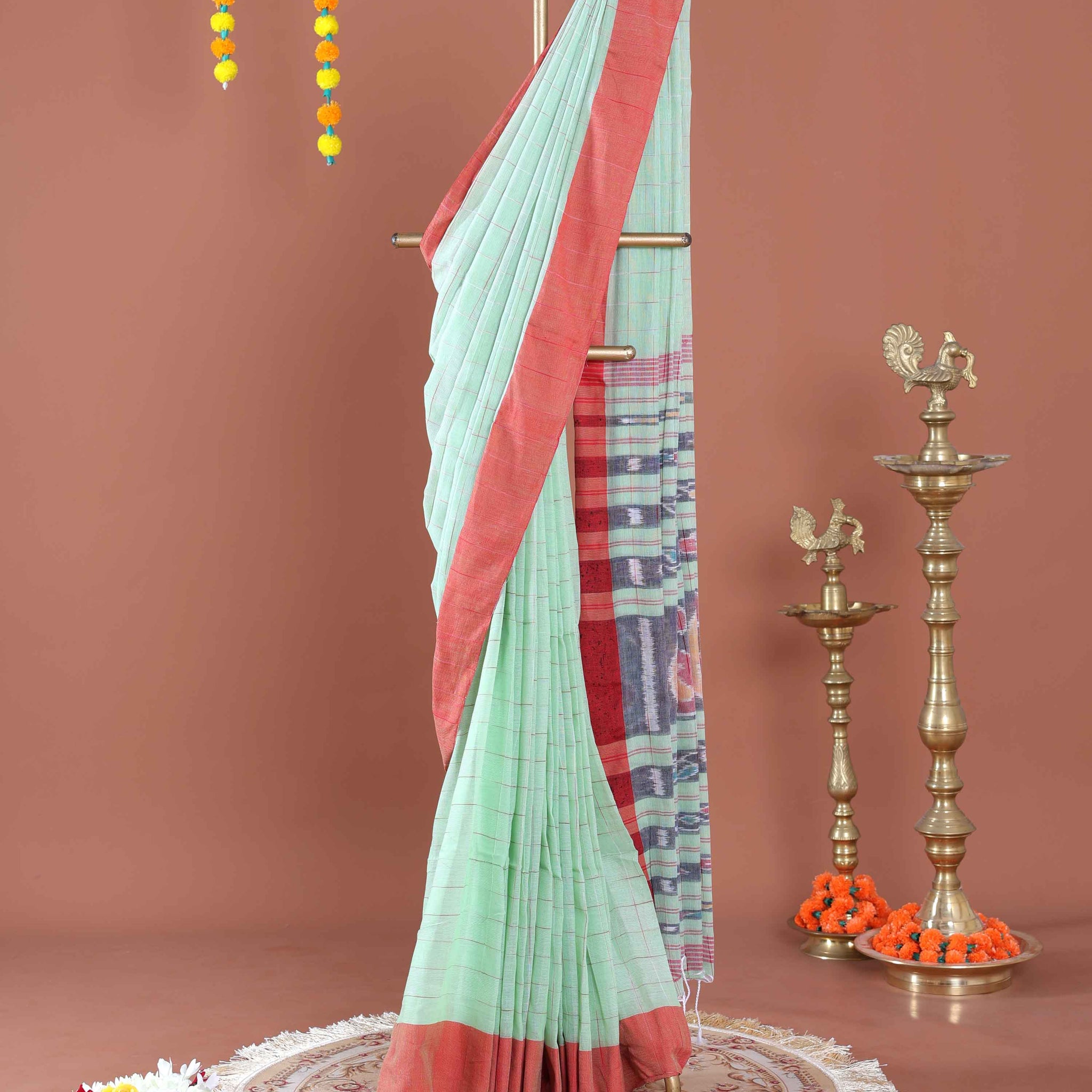 Handloom Ikkat Cotton Saree with Woven Striped Pattern and Contrast Pallu - Pista Green