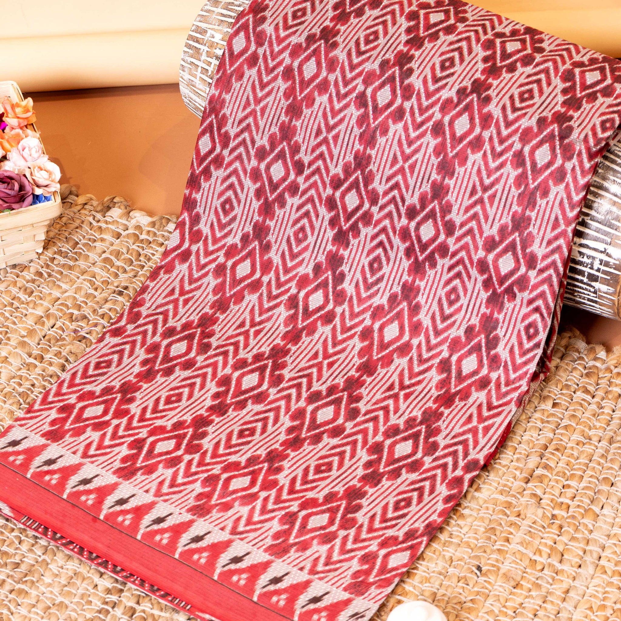 Handloom Ikkat Voile Cotton Saree with Traditional Geometric Motifs - Maroon