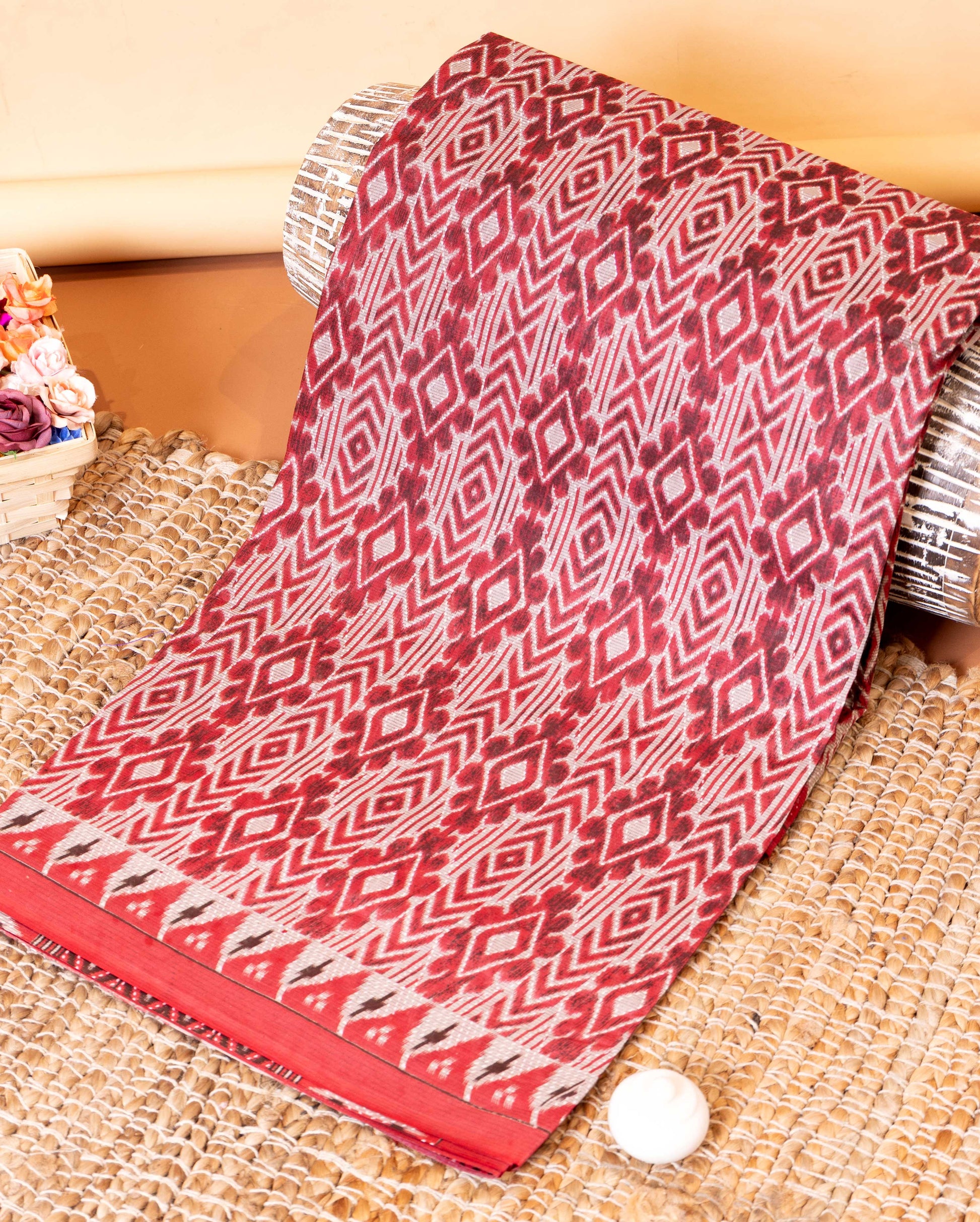 Handloom Ikkat Voile Cotton Saree with Traditional Geometric Motifs - Maroon