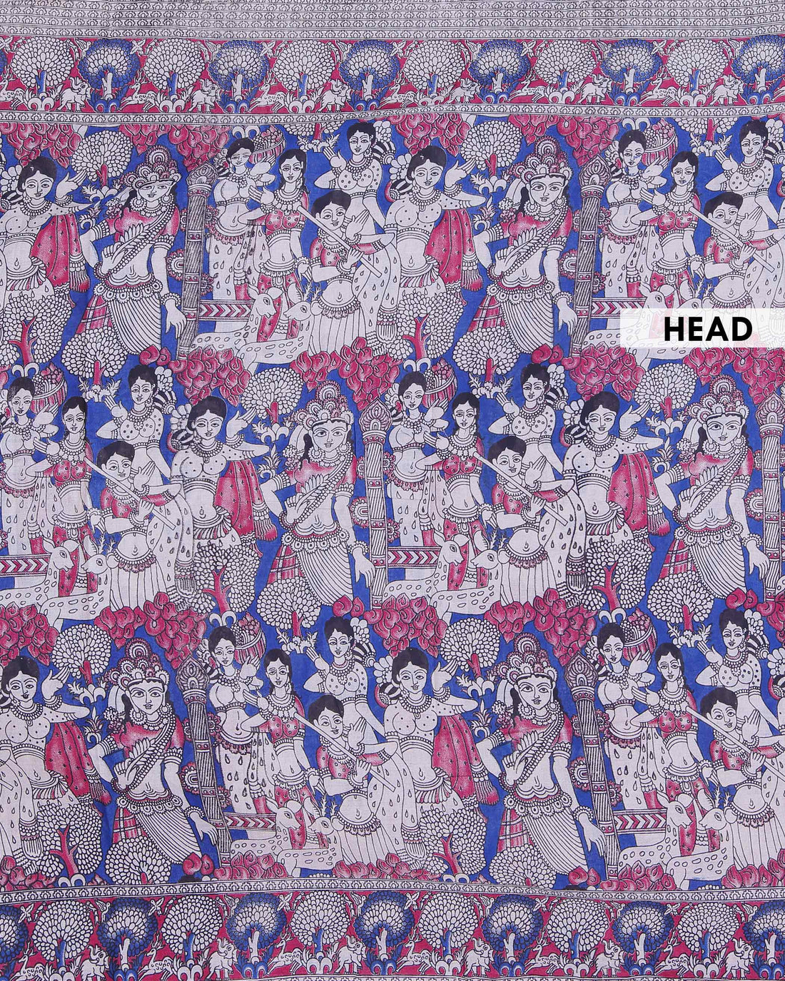 Handloom Kalamkari Cotton Saree Adorned with Traditional Mythological Artwork and Intricate Floral Animal Motif Borders - Blue