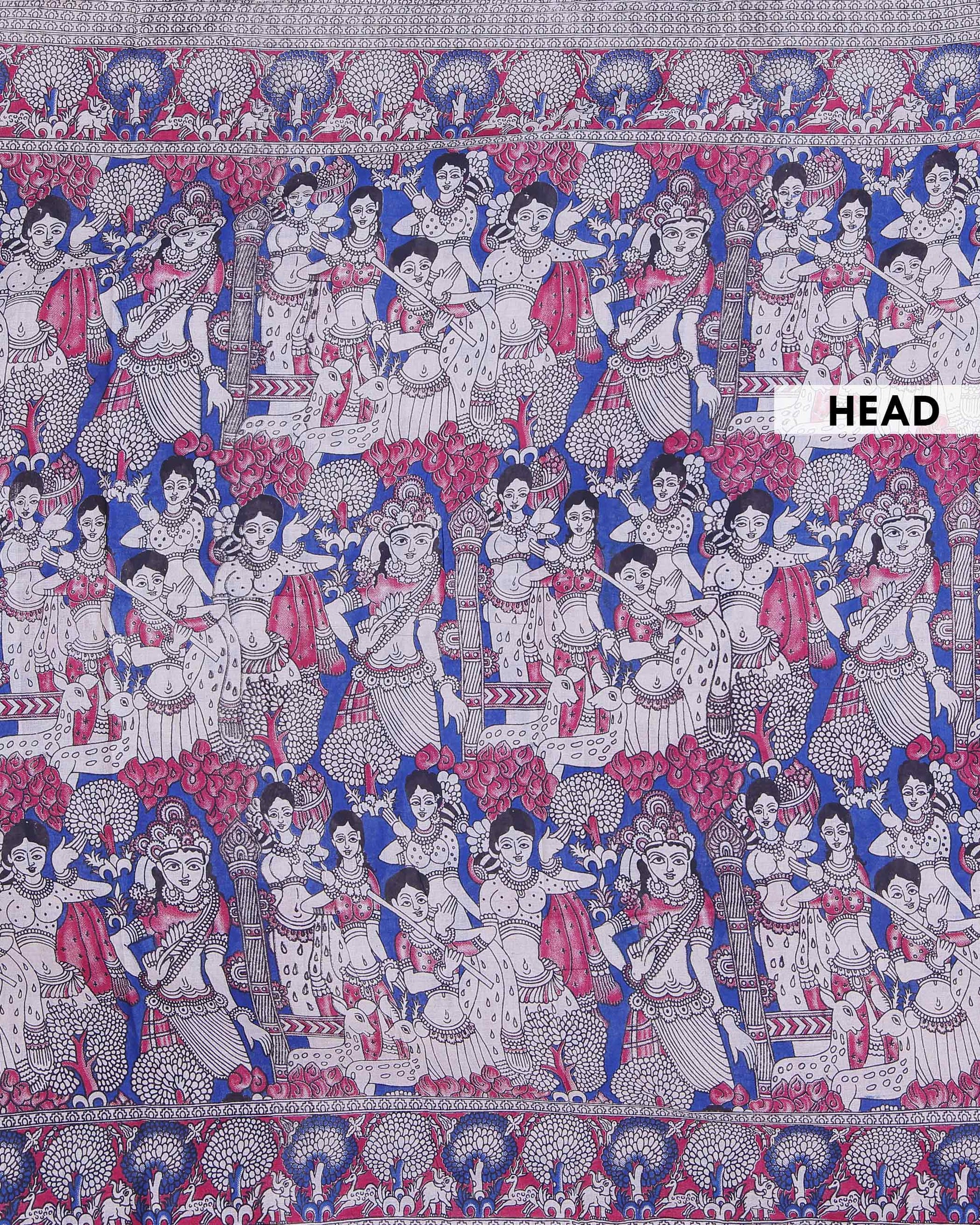 Handloom Kalamkari Cotton Saree Adorned with Traditional Mythological Artwork and Intricate Floral Animal Motif Borders - Blue