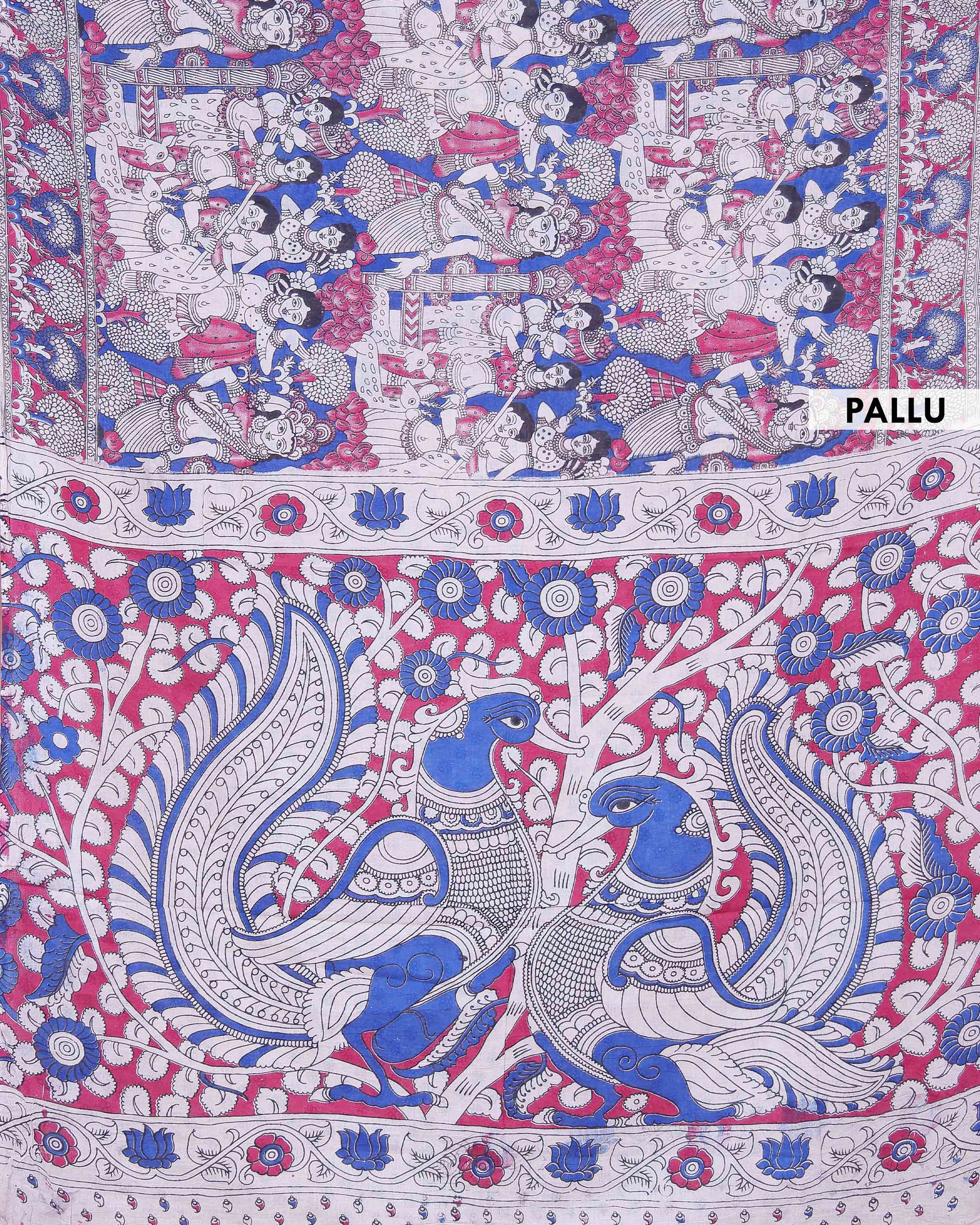 Handloom Kalamkari Cotton Saree Adorned with Traditional Mythological Artwork and Intricate Floral Animal Motif Borders - Blue