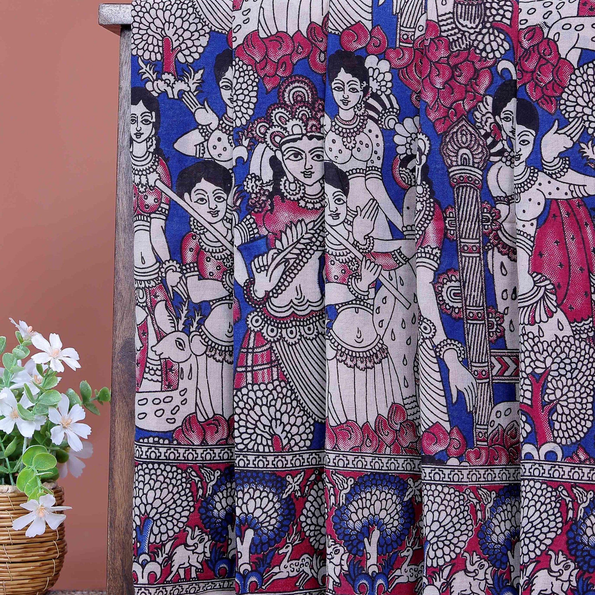 Handloom Kalamkari Cotton Saree Adorned with Traditional Mythological Artwork and Intricate Floral Animal Motif Borders - Blue