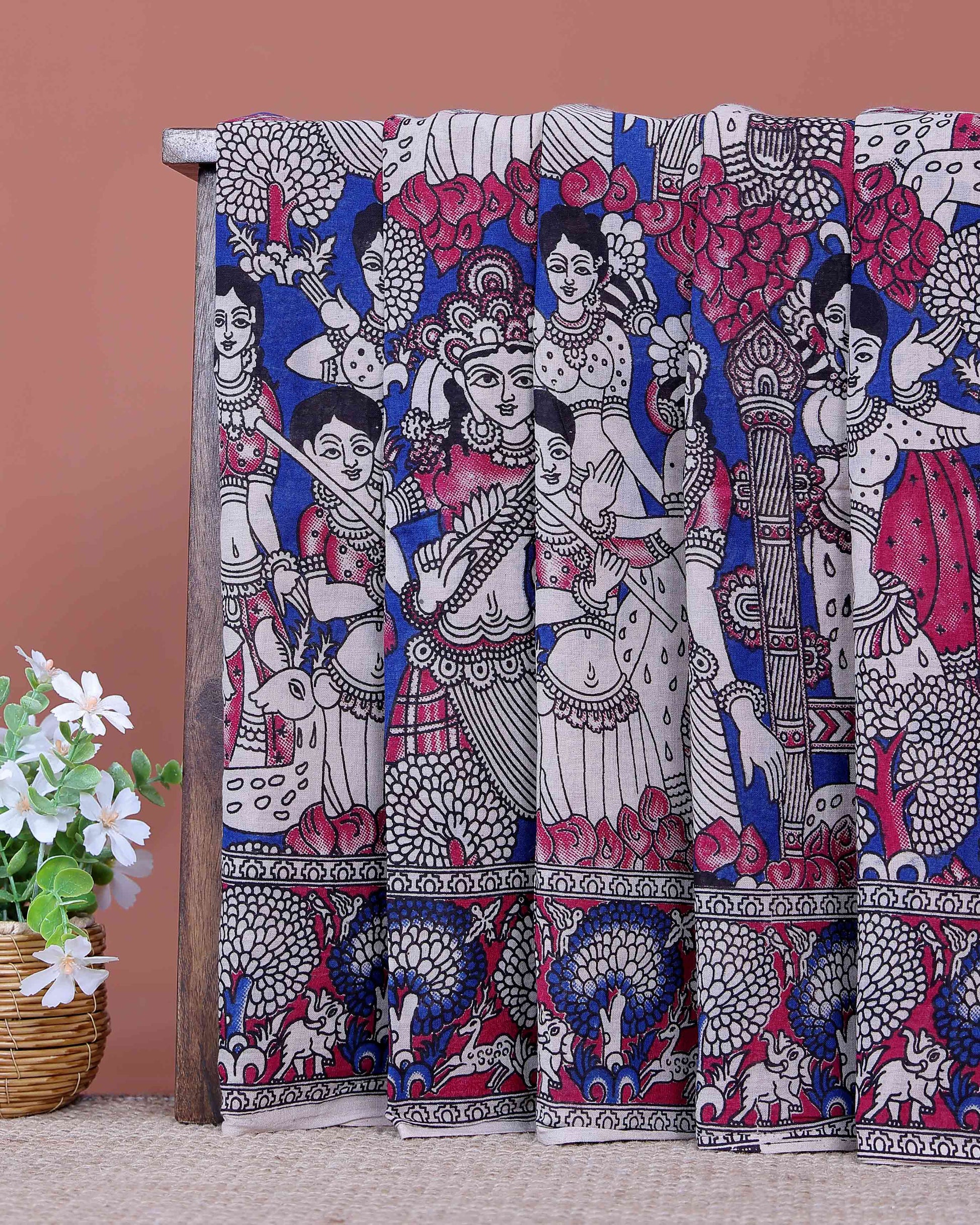 Handloom Kalamkari Cotton Saree Adorned with Traditional Mythological Artwork and Intricate Floral Animal Motif Borders - Blue