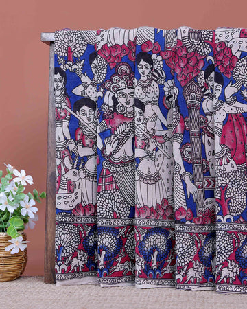 Handloom Kalamkari Cotton Saree Adorned with Traditional Mythological Artwork and Intricate Floral Animal Motif Borders - Blue