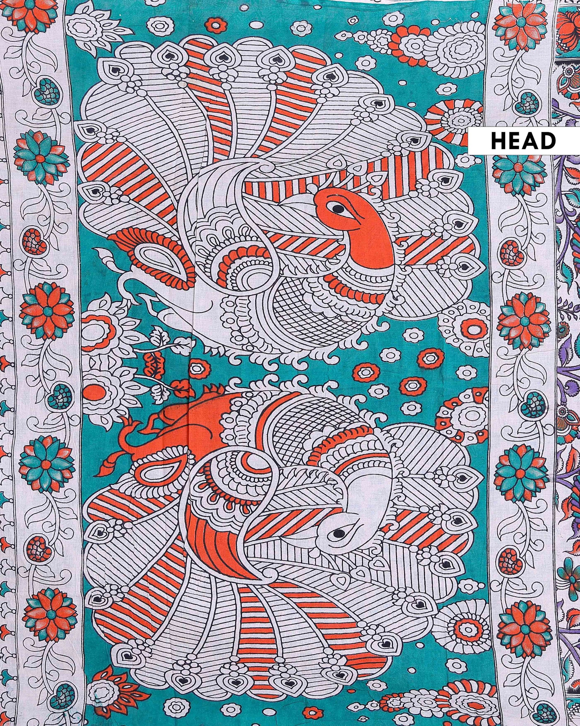 Traditional Handloom Kalamkari Cotton Saree Artistic Bird Motifs and Traditional Floral Border Design - Off White