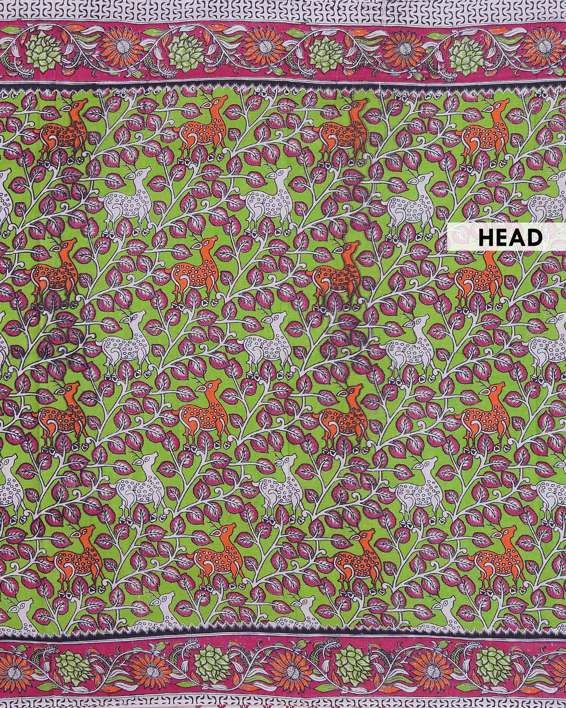 Handloom Kalamkari Cotton Saree Elegant Deer Motifs with Intricate Leaf Pattern and Artistic Floral Border - Green