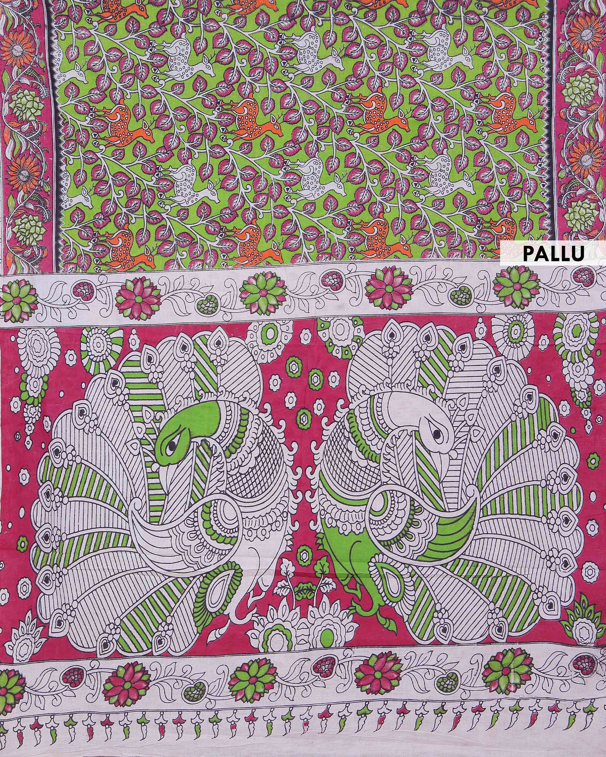 Handloom Kalamkari Cotton Saree Elegant Deer Motifs with Intricate Leaf Pattern and Artistic Floral Border - Green