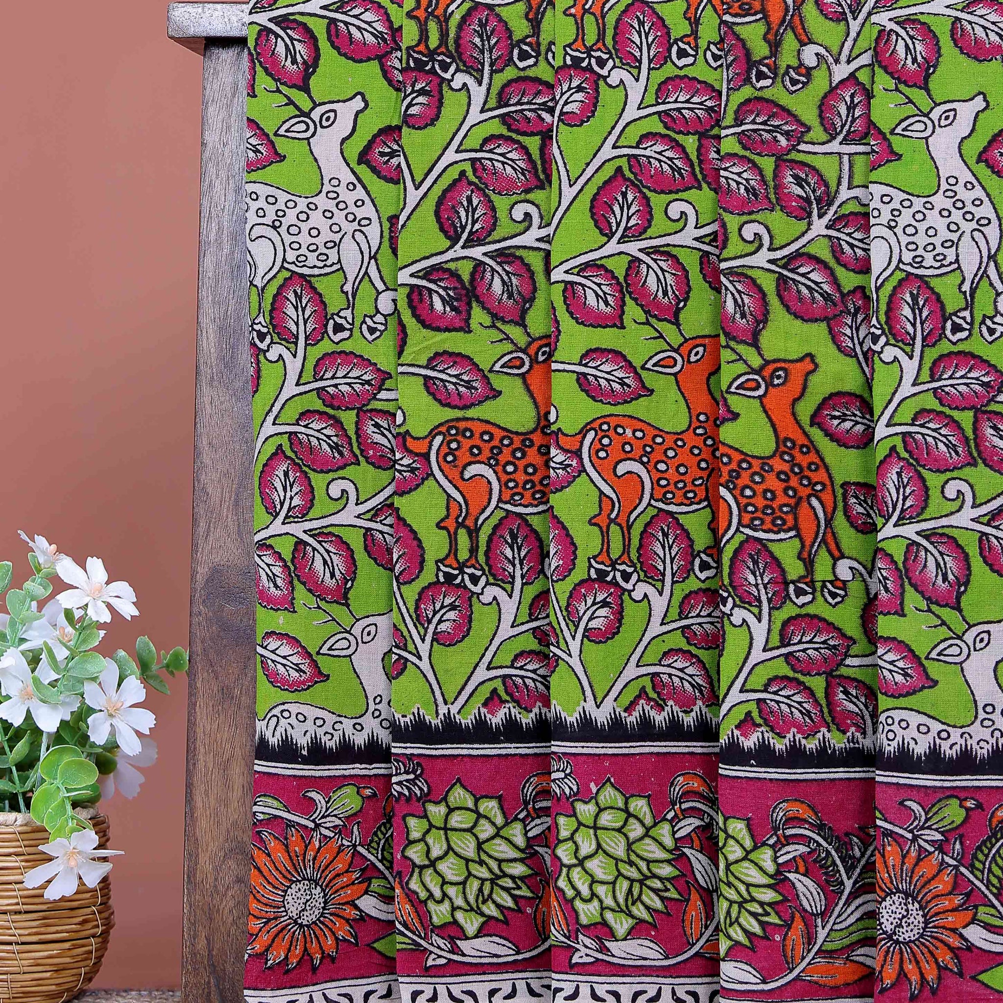 Handloom Kalamkari Cotton Saree Elegant Deer Motifs with Intricate Leaf Pattern and Artistic Floral Border - Green